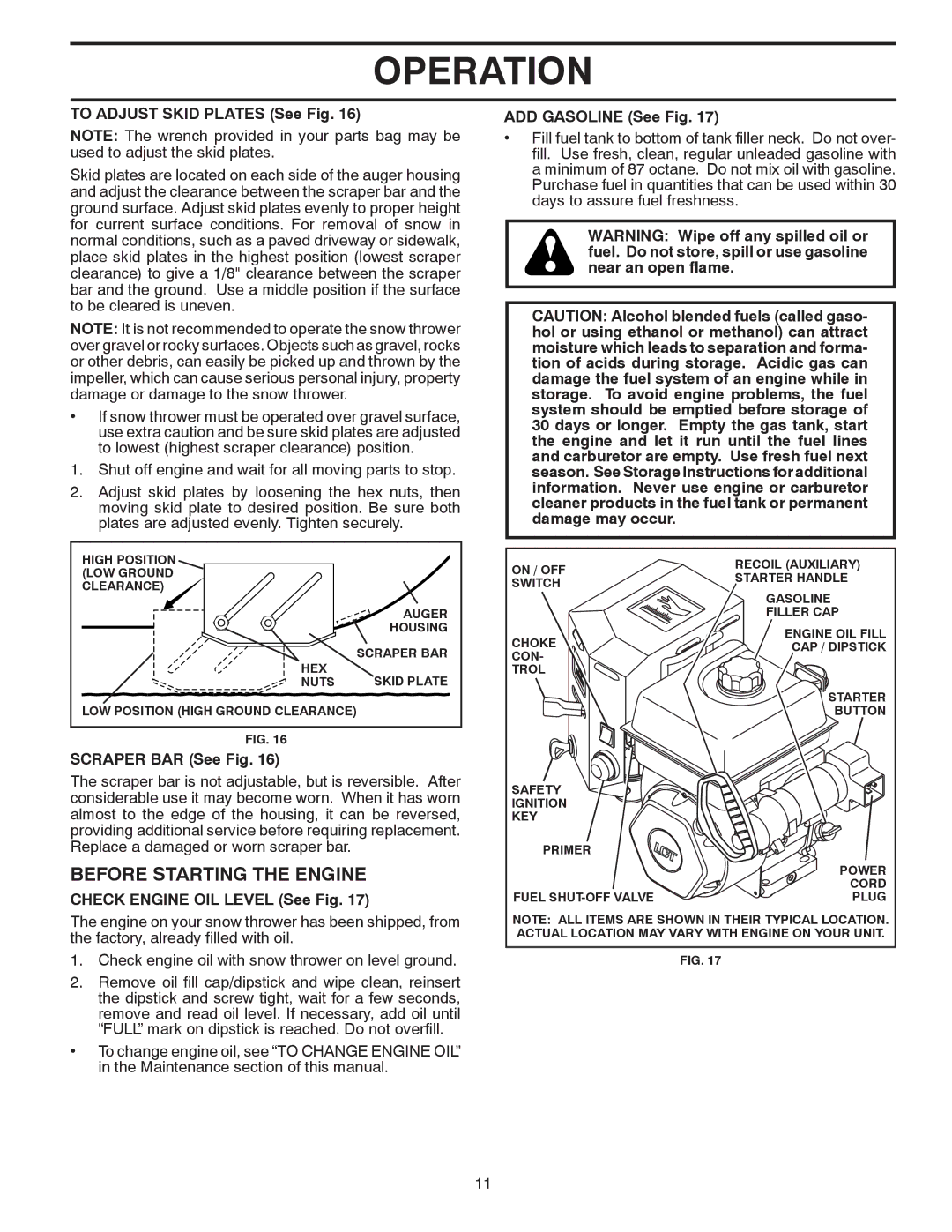 Poulan 96192002901 Before Starting the Engine, To Adjust Skid Plates See Fig, Scraper BAR See Fig, ADD Gasoline See Fig 