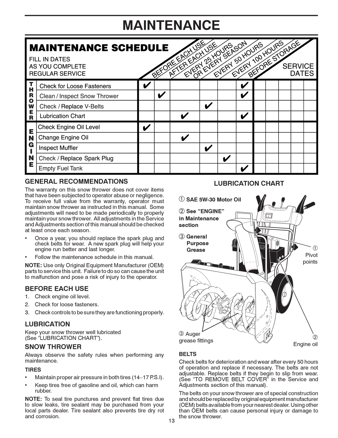 Poulan 96192002901, 428689 Maintenance, General Recommendations, Before Each USE, Snow Thrower Lubrication Chart 