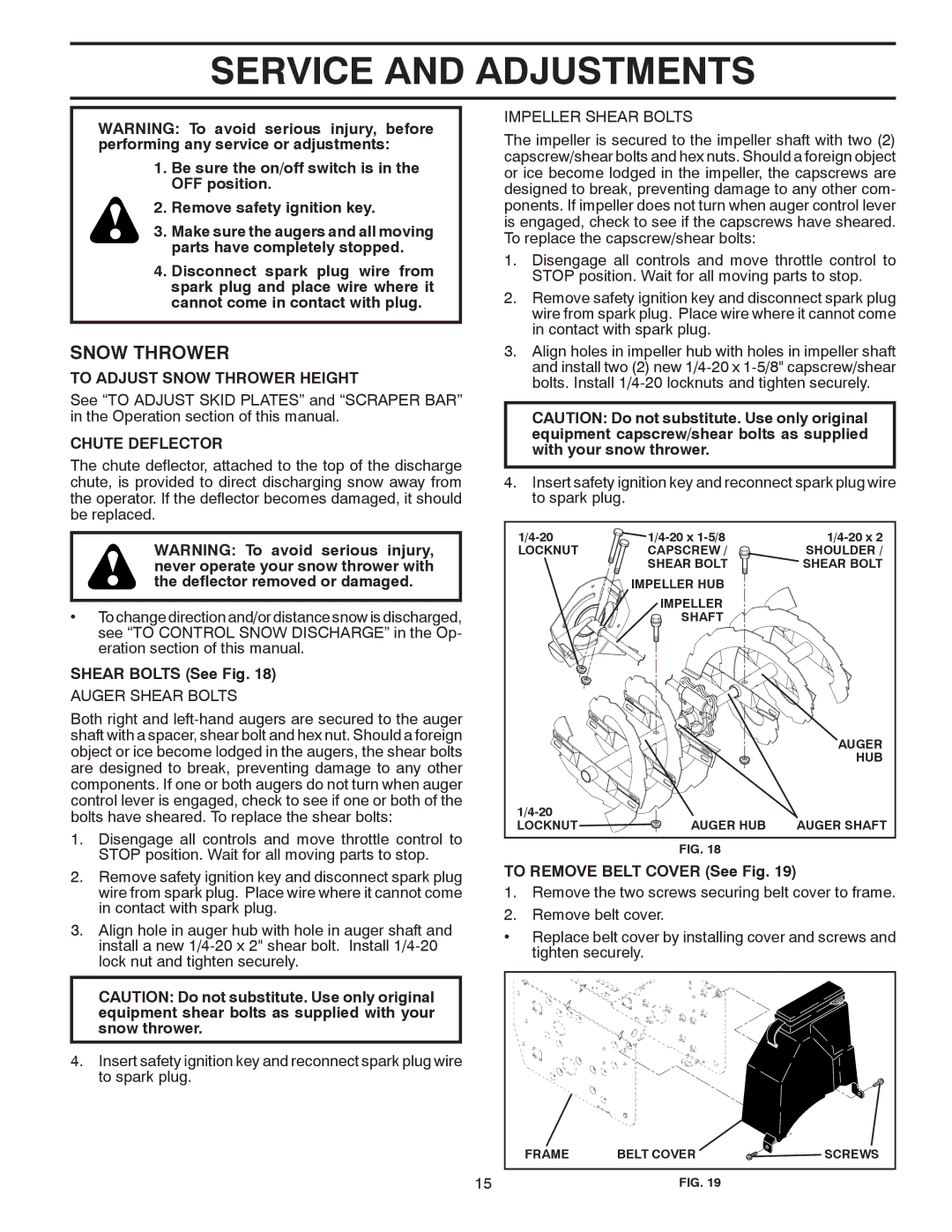 Poulan 96192002901, 428689 owner manual Service and Adjustments, To Adjust Snow Thrower Height, Chute Deflector 