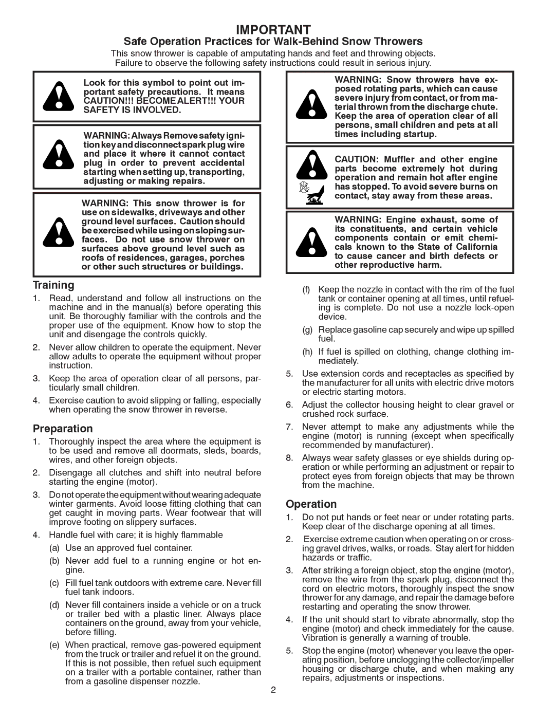 Poulan 428689, 96192002901 owner manual Safe Operation Practices for Walk-Behind Snow Throwers 