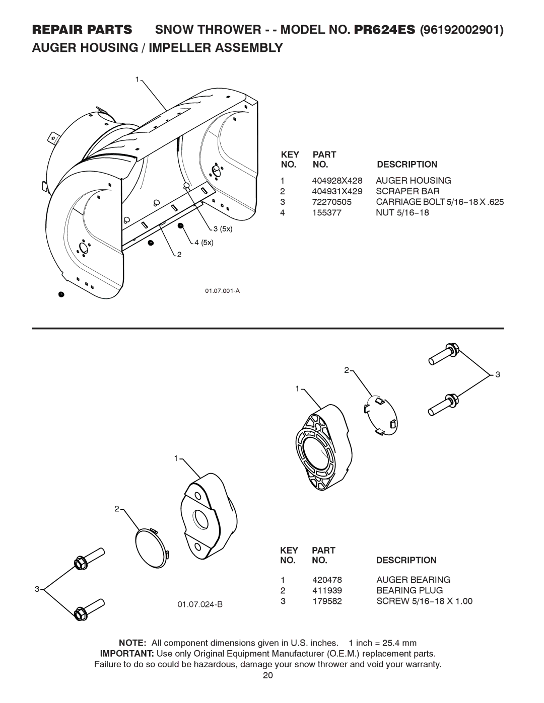 Poulan 428689, 96192002901 owner manual KEY Part Description, Auger Housing, Scraper BAR, Auger Bearing, Bearing Plug 