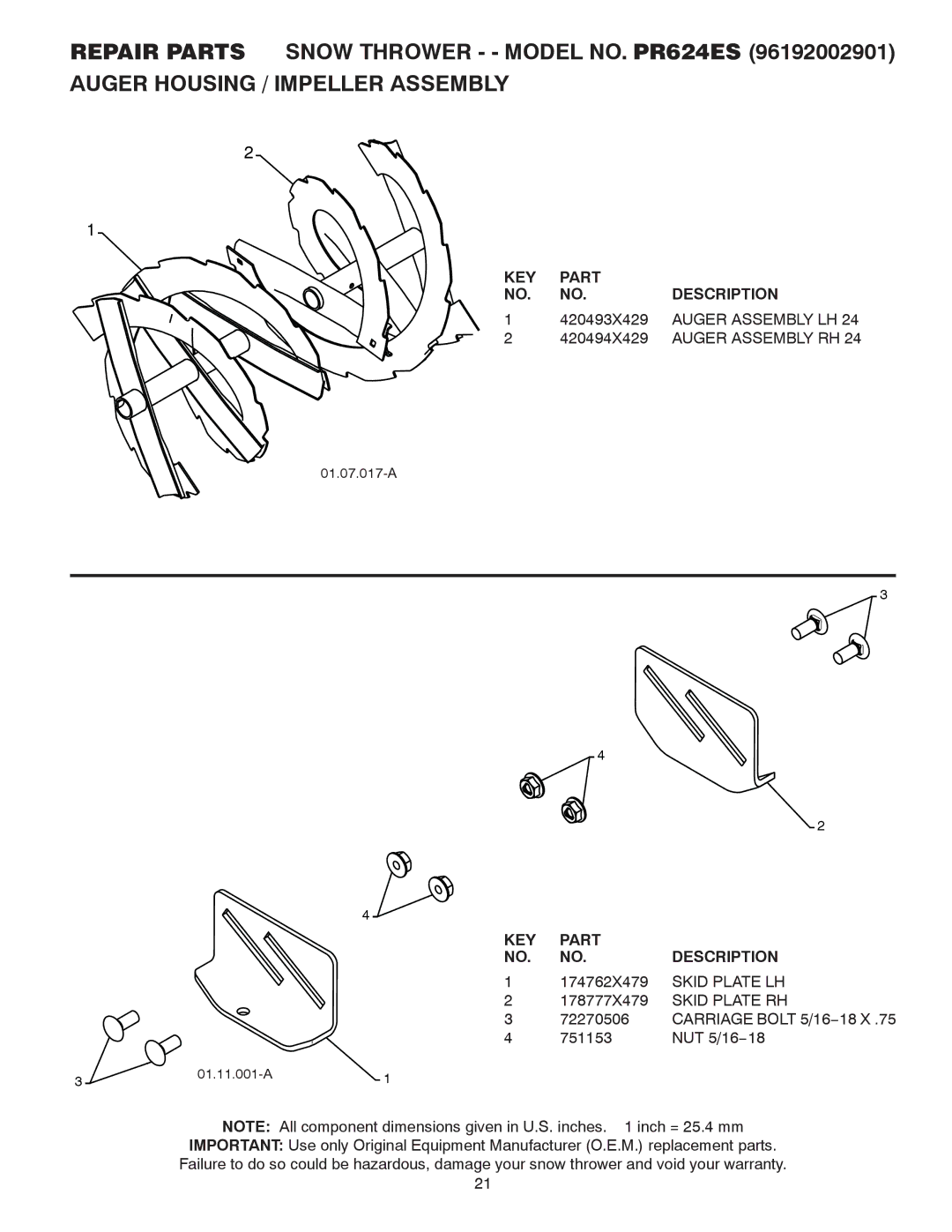 Poulan 96192002901, 428689 owner manual Auger Assembly LH, Auger Assembly RH, Skid Plate LH, Skid Plate RH 