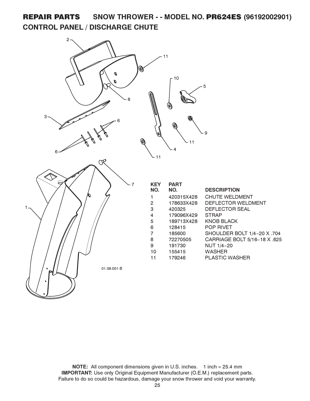 Poulan 96192002901 Chute Weldment, Deflector Weldment, Deflector Seal, Strap, Knob Black, POP Rivet, Plastic Washer 