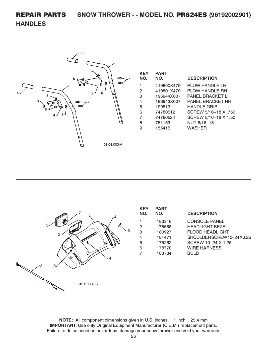 Poulan 428689, 96192002901 owner manual Repair Parts Snow Thrower - Model NO. PR624ES Handles 