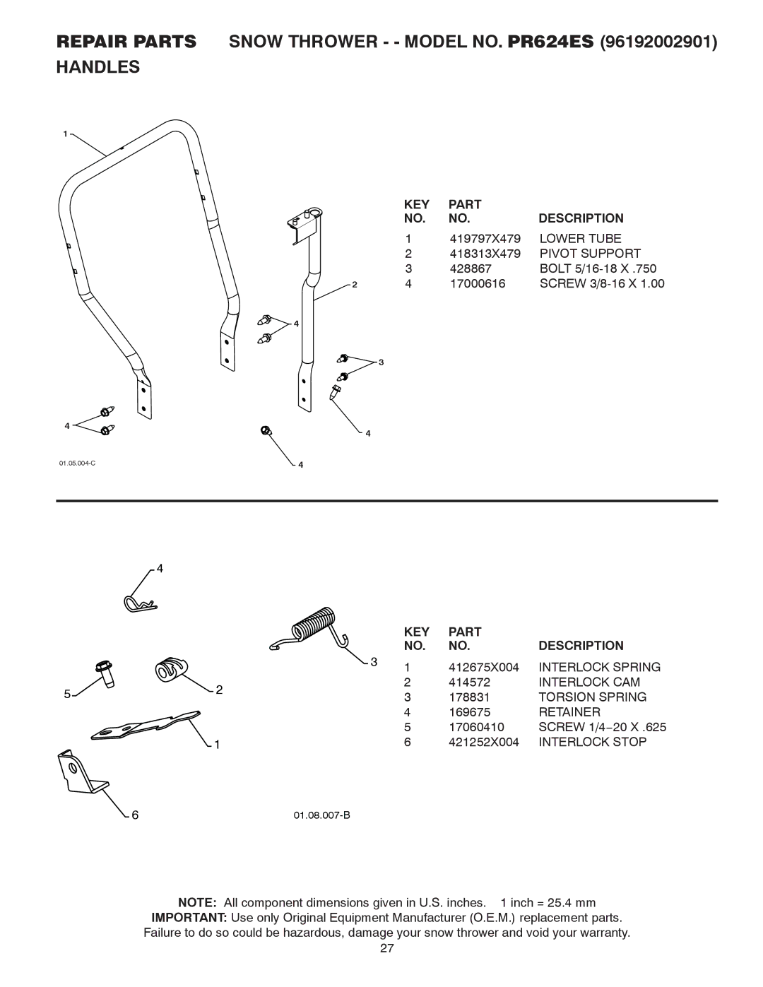 Poulan 96192002901 Lower Tube, Pivot Support, Interlock Spring, Interlock CAM, Torsion Spring, Retainer, Interlock Stop 