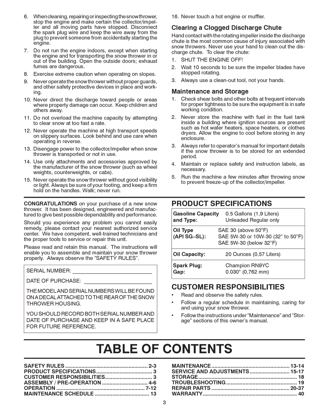 Poulan 96192002901, 428689 owner manual Table of Contents 