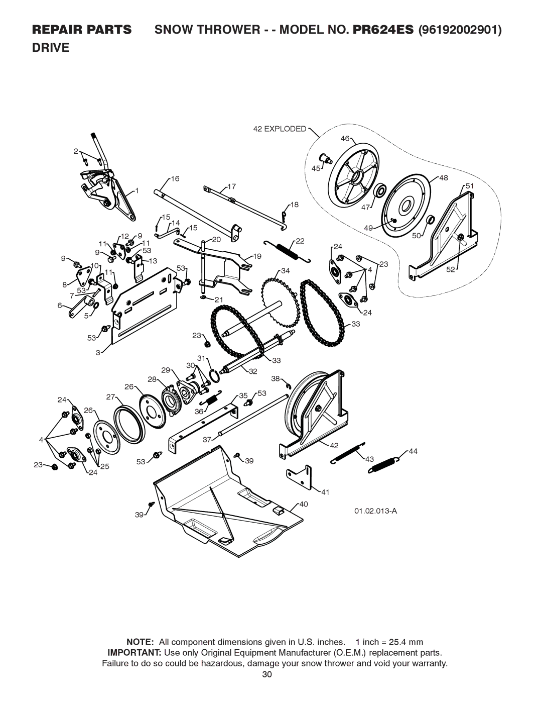 Poulan 428689, 96192002901 owner manual Repair Parts Snow Thrower - Model NO. PR624ES Drive 