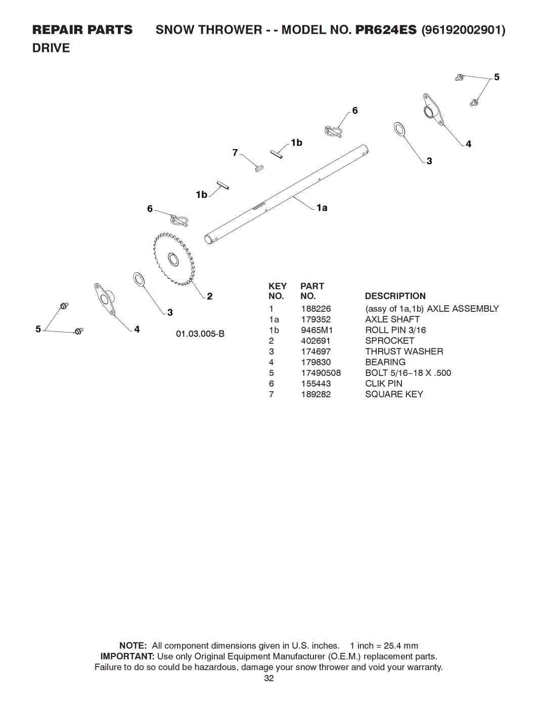 Poulan 428689, 96192002901 owner manual Axle Shaft, Roll PIN 3/16, Sprocket, Clik PIN 