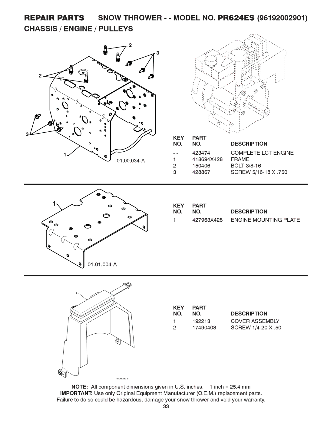 Poulan 96192002901, 428689 owner manual Complete LCT Engine, Frame, 427963X428, Engine Mounting Plate, Cover Assembly 