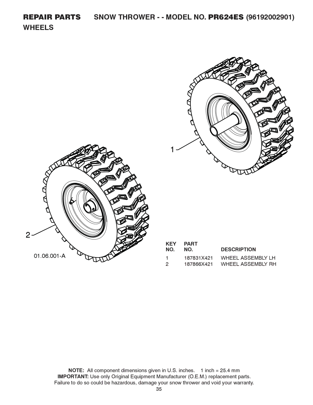 Poulan 96192002901, 428689 owner manual Repair Parts Snow Thrower - Model NO. PR624ES Wheels, Wheel Assembly LH 