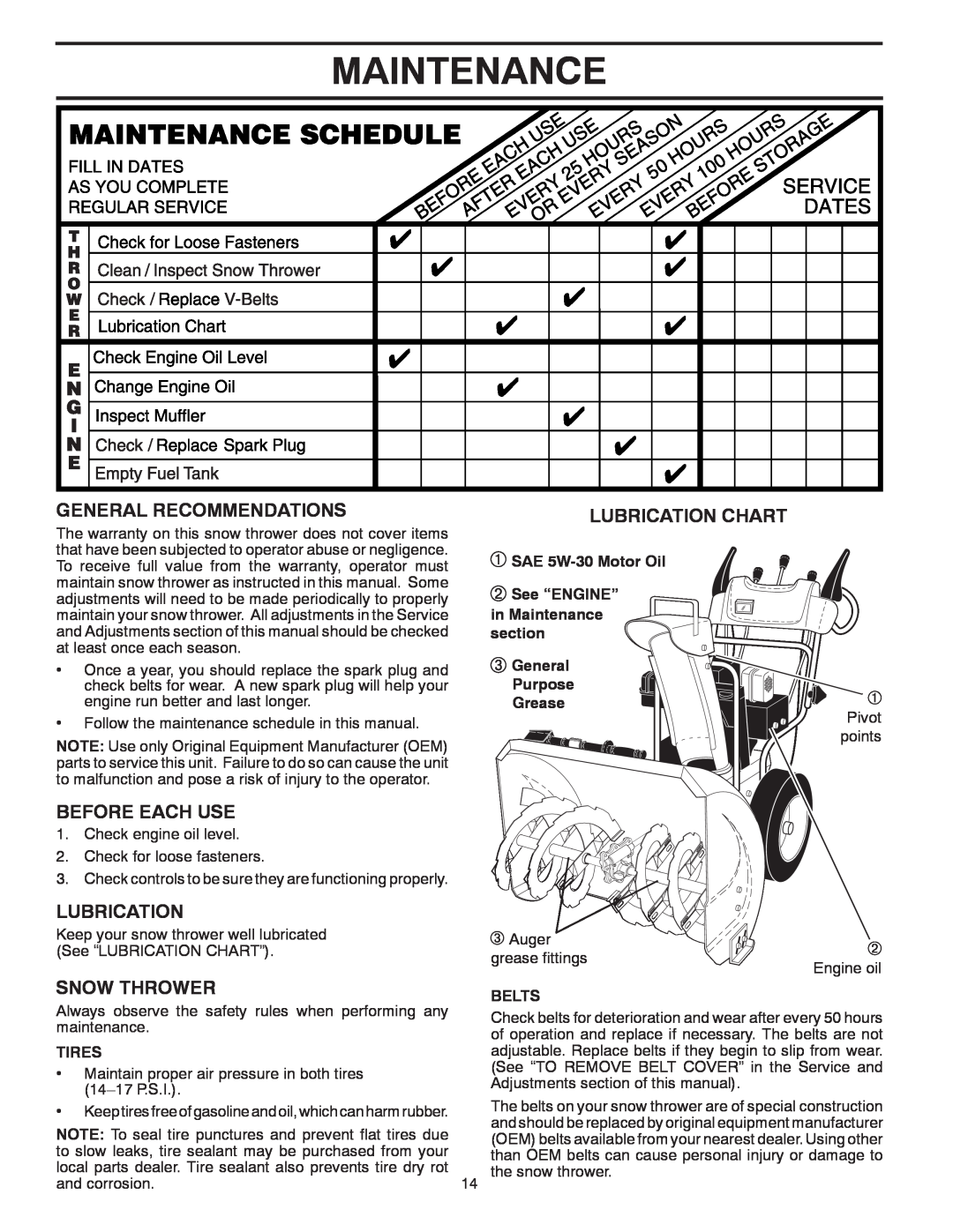 Poulan 428695 Maintenance, General Recommendations, Lubrication Chart, Before Each Use, Snow Thrower, Belts, Tires 