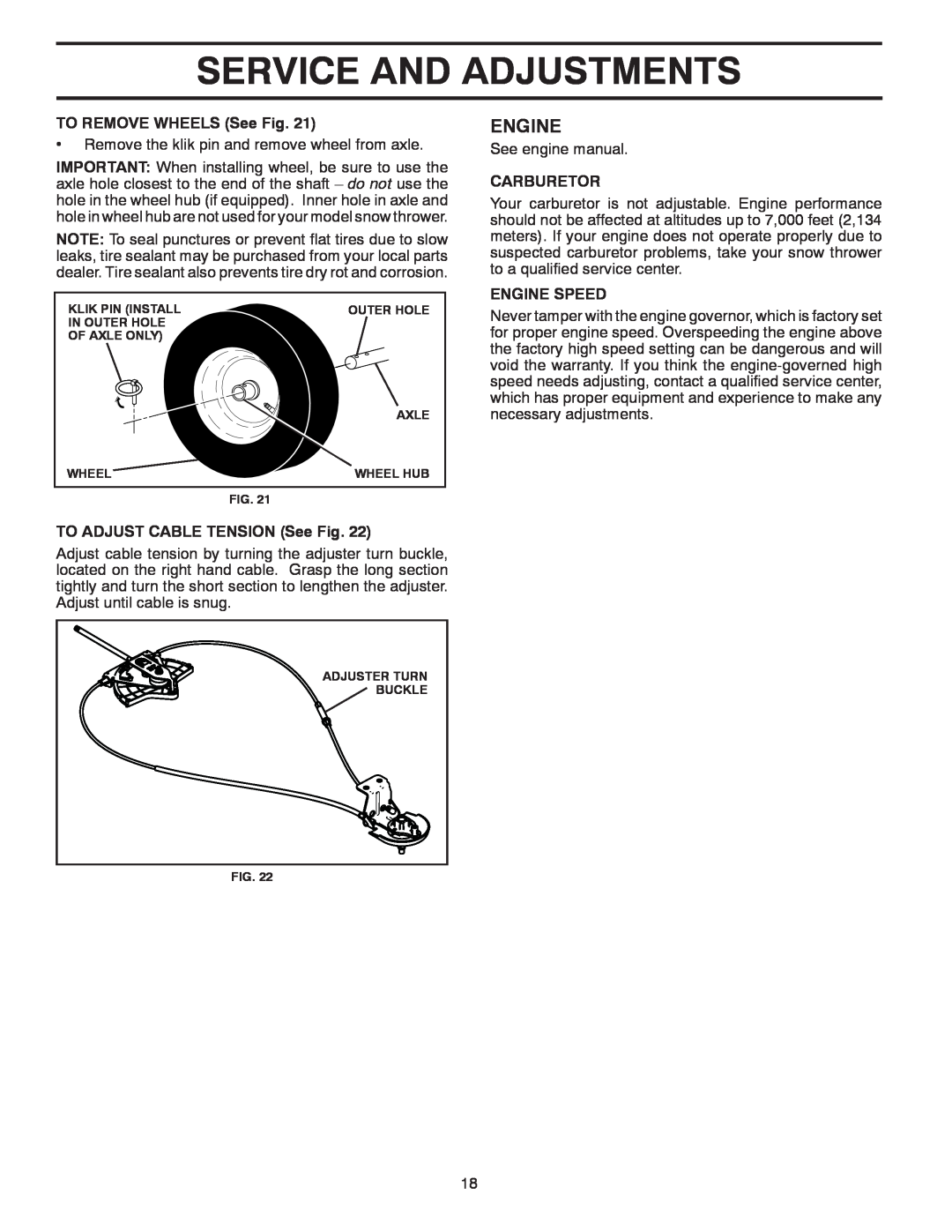 Poulan 428695 Service And Adjustments, Engine, TO REMOVE WHEELS See Fig, TO ADJUST CABLE TENSION See Fig, Carburetor 