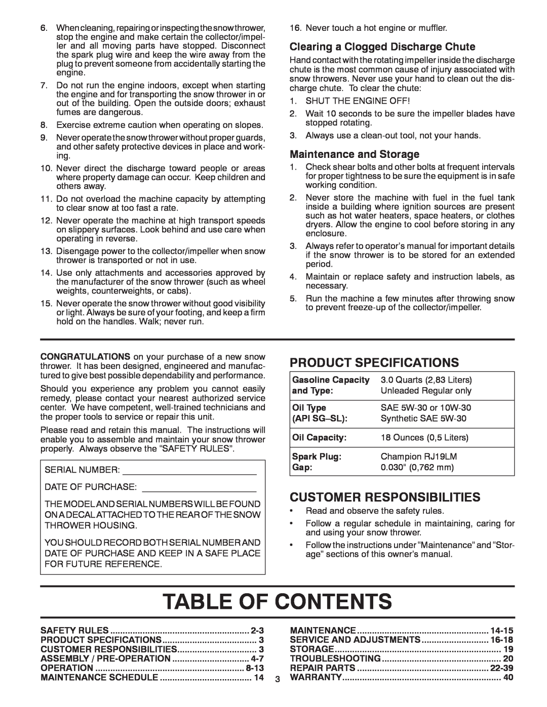 Poulan 96192003001 Table Of Contents, Product Specifications, Customer Responsibilities, Maintenance and Storage, and Type 