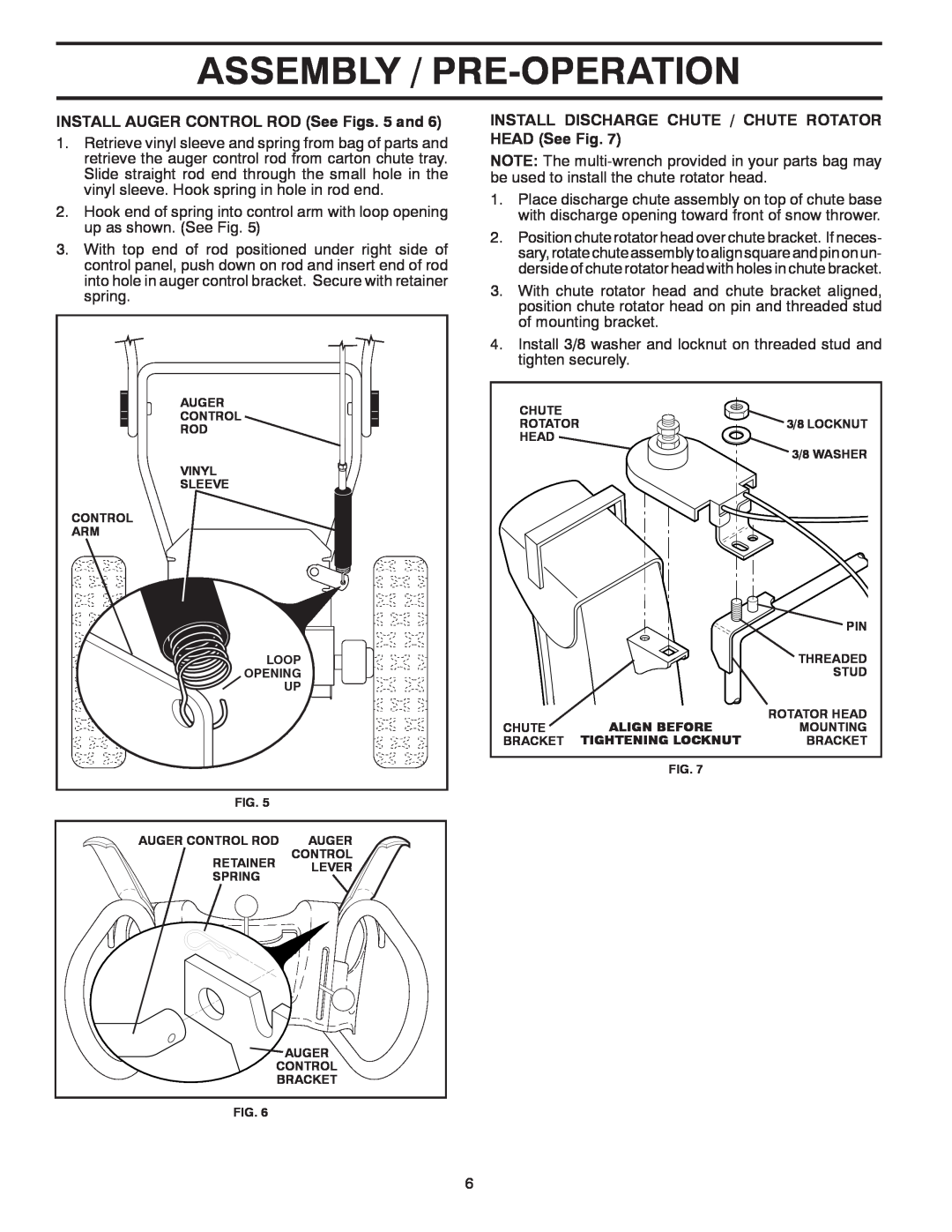 Poulan 428695, 96192003001 owner manual Assembly / Pre-Operation, INSTALL AUGER CONTROL ROD See Figs. 5 and 