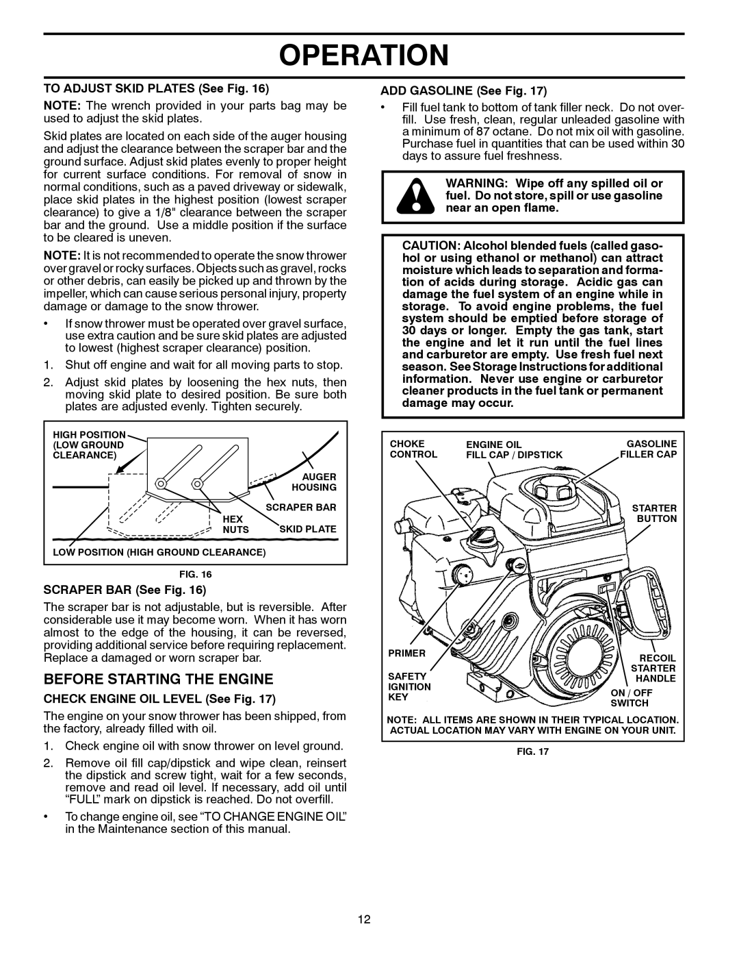 Poulan 428695 Before Starting the Engine, To Adjust Skid Plates See Fig, Scraper BAR See Fig, ADD Gasoline See Fig 