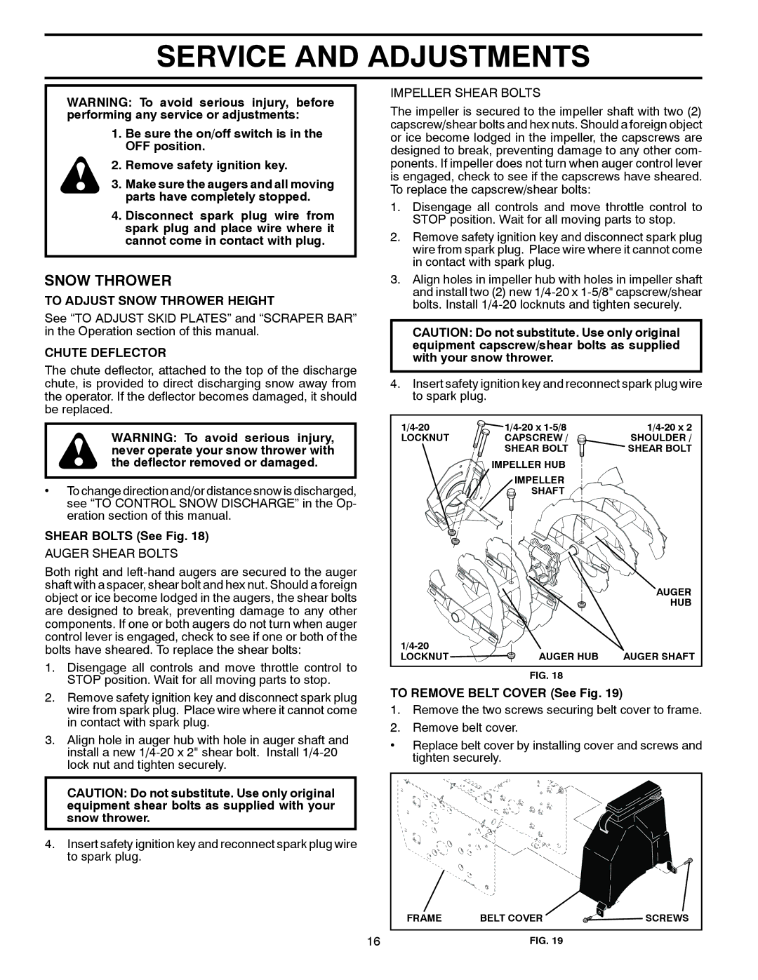 Poulan 428695, 96192003001 Service and Adjustments, To Adjust Snow Thrower Height, Chute Deflector, Shear Bolts See Fig 