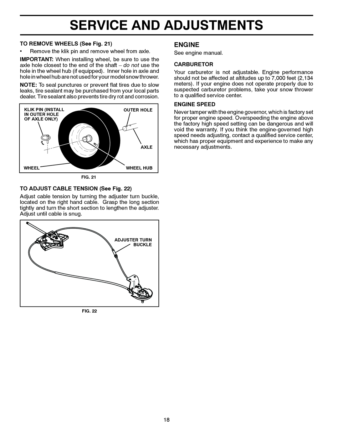 Poulan 428695, 96192003001 owner manual To Remove Wheels See Fig, To Adjust Cable Tension See Fig, Carburetor, Engine Speed 