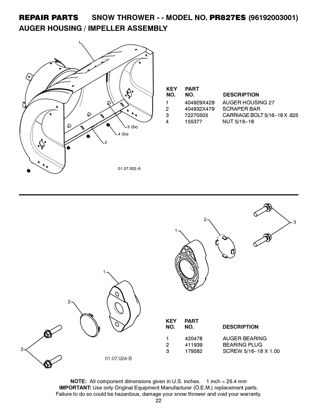 Poulan 428695, 96192003001 owner manual KEY Part Description, Auger Housing, Scraper BAR, Auger Bearing, Bearing Plug 