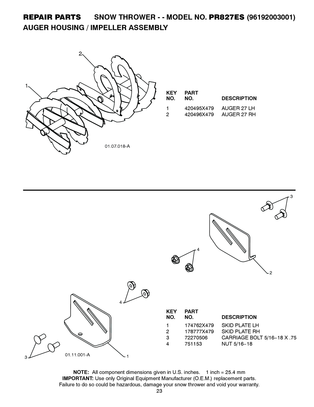 Poulan 96192003001, 428695 owner manual Auger 27 LH, Auger 27 RH, Skid Plate LH, Skid Plate RH 