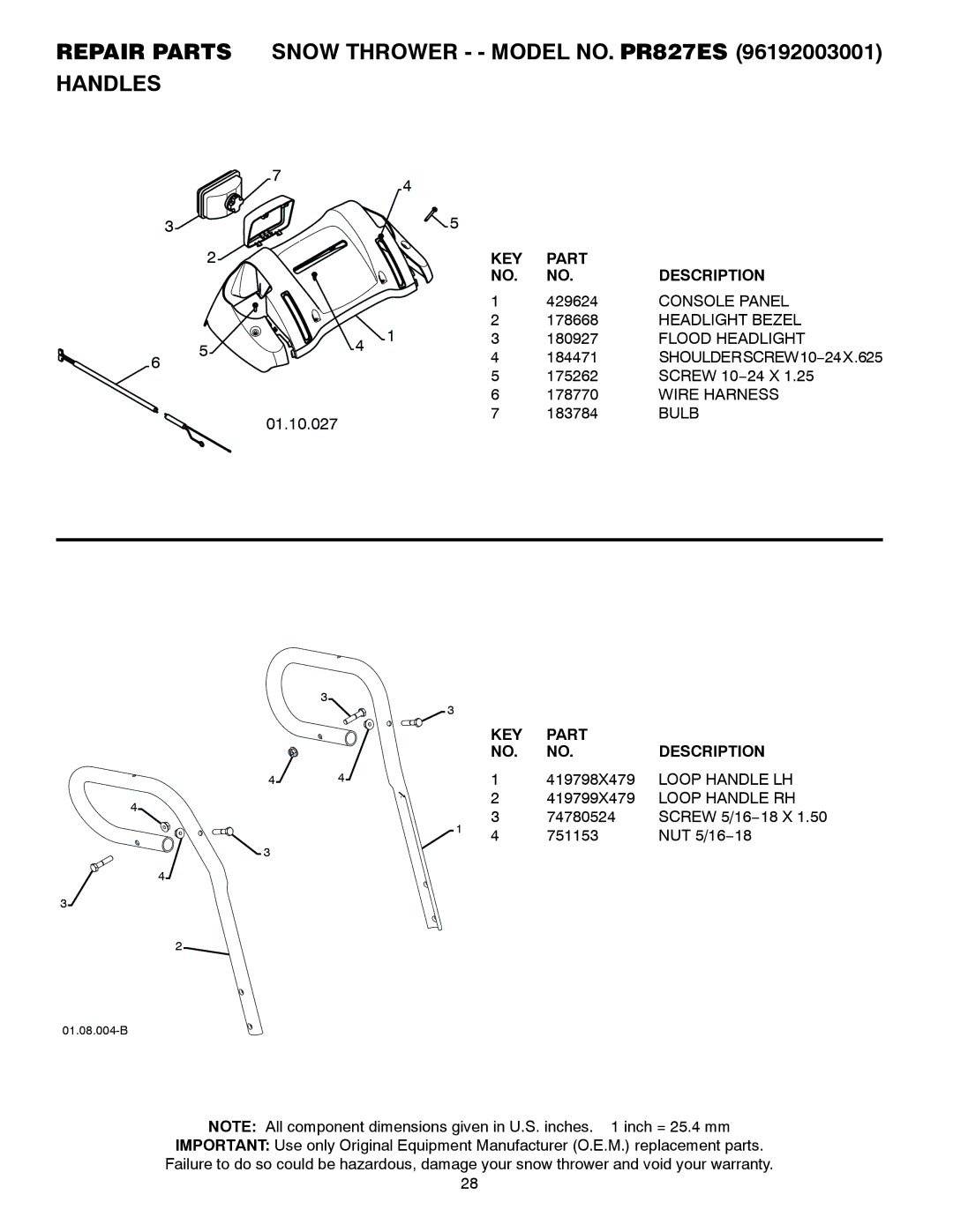 Poulan 428695, 96192003001 owner manual Repair Parts Snow Thrower - Model NO. PR827ES Handles 