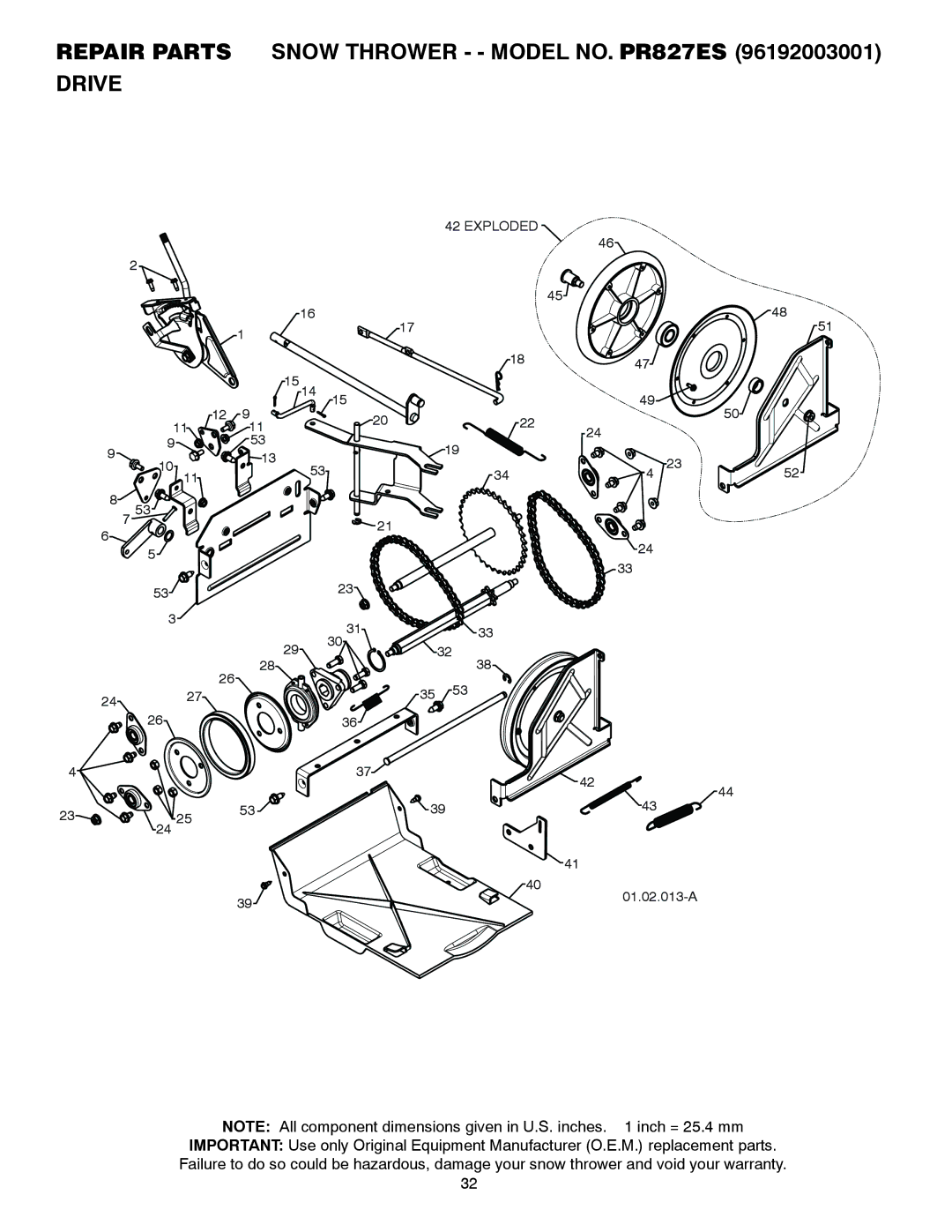 Poulan 428695, 96192003001 owner manual Repair Parts Snow Thrower - Model NO. PR827ES Drive 