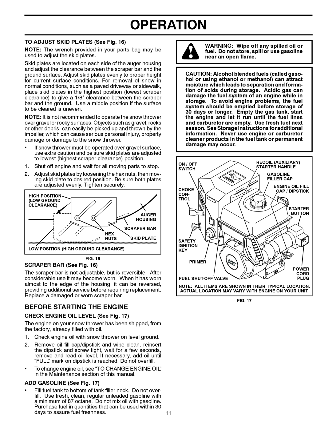 Poulan 96198002601 Before Starting The Engine, Operation, TO ADJUST SKID PLATES See Fig, used to adjust the skid plates 