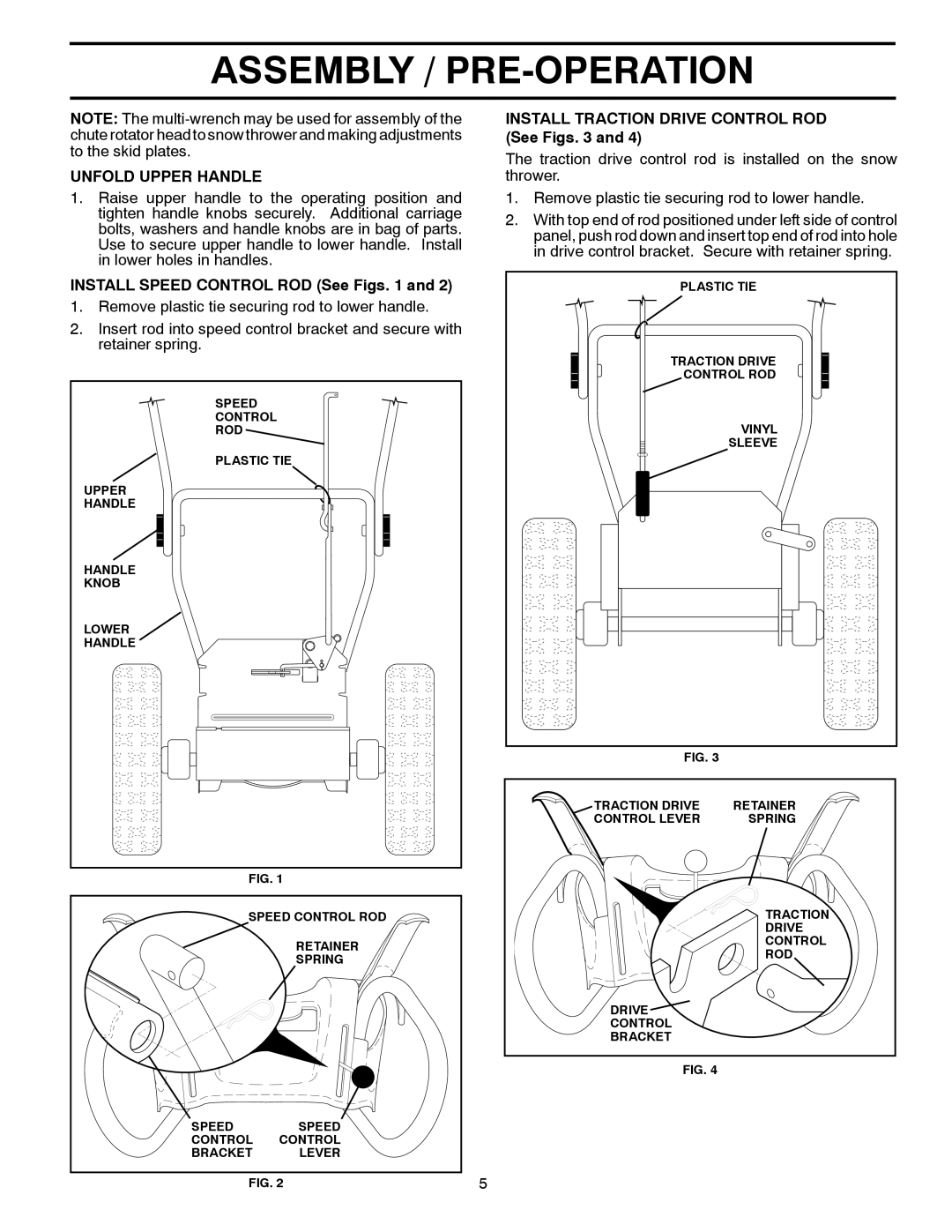 Poulan 96198002601 Assembly / Pre-Operation, Unfold Upper Handle, INSTALL SPEED CONTROL ROD See Figs. 1 and, Plastic Tie 