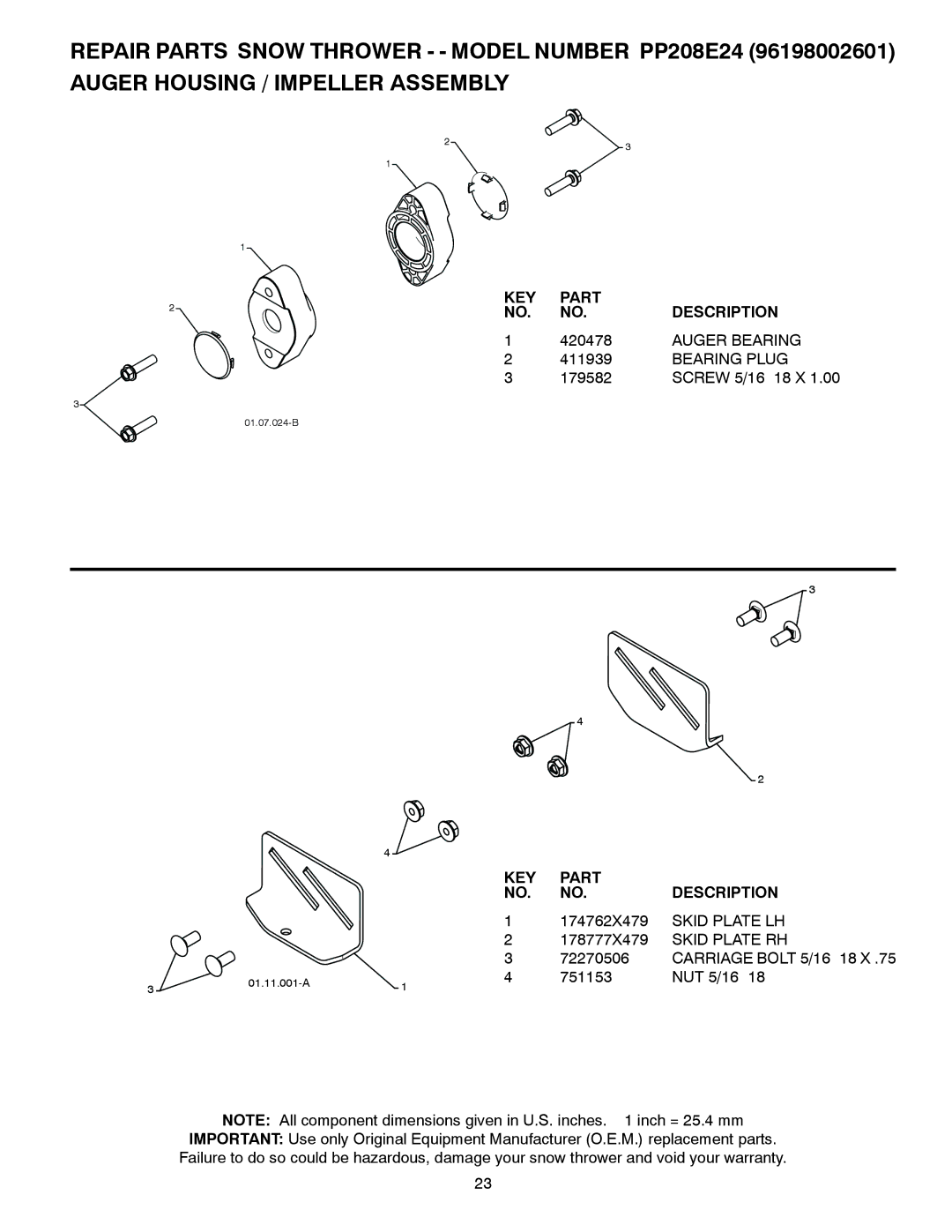 Poulan 96198002601, 428701 owner manual Auger Bearing, Bearing Plug 