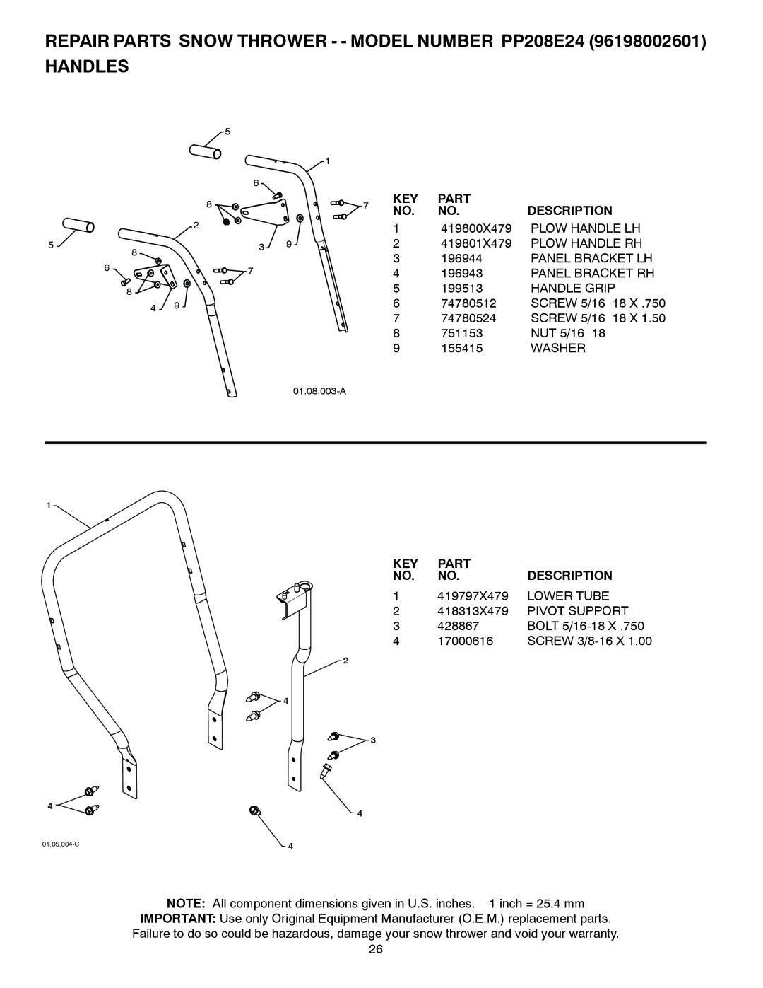 Poulan 428701, 96198002601 owner manual Panel Bracket LH Panel Bracket RH, Handle Grip, Lower Tube, Pivot Support 