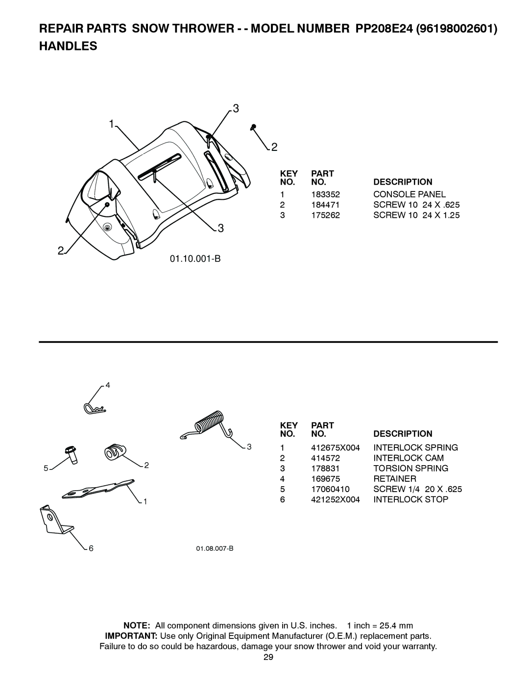 Poulan 96198002601, 428701 owner manual Console Panel, Interlock Spring, Interlock CAM, Torsion Spring, Interlock Stop 