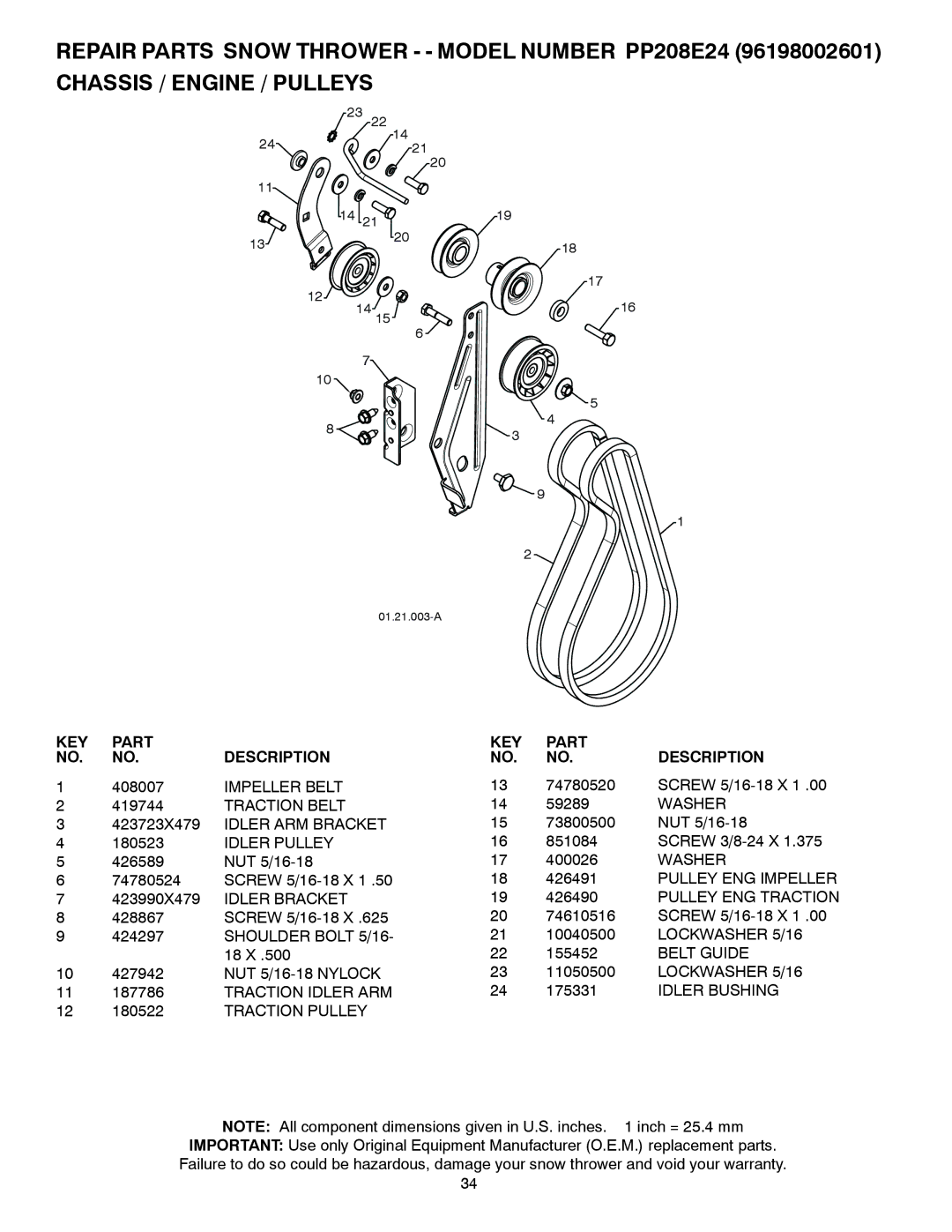 Poulan 428701 Impeller Belt, Traction Belt, Idler ARM Bracket, Idler Pulley, Belt Guide, 24 175331 Idler Bushing 