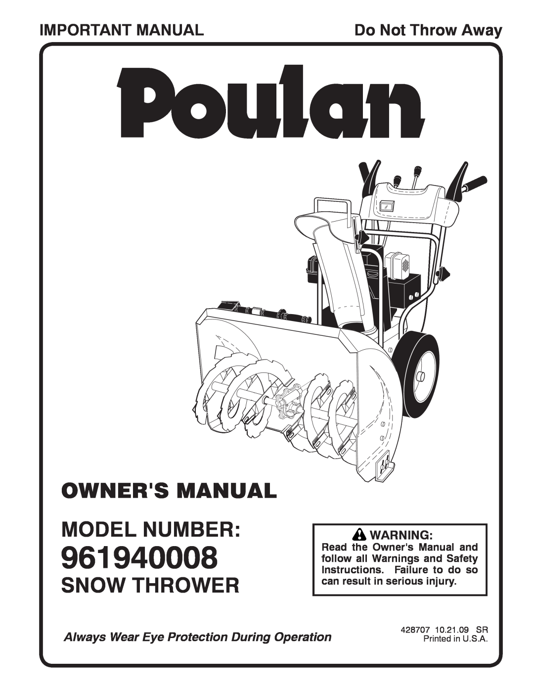 Poulan 428707, 96194000801 owner manual Snow Thrower, Important Manual, Do Not Throw Away 