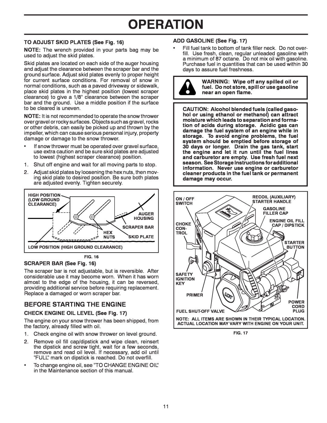 Poulan 96194000801, 428707 Before Starting The Engine, Operation, TO ADJUST SKID PLATES See Fig, SCRAPER BAR See Fig 