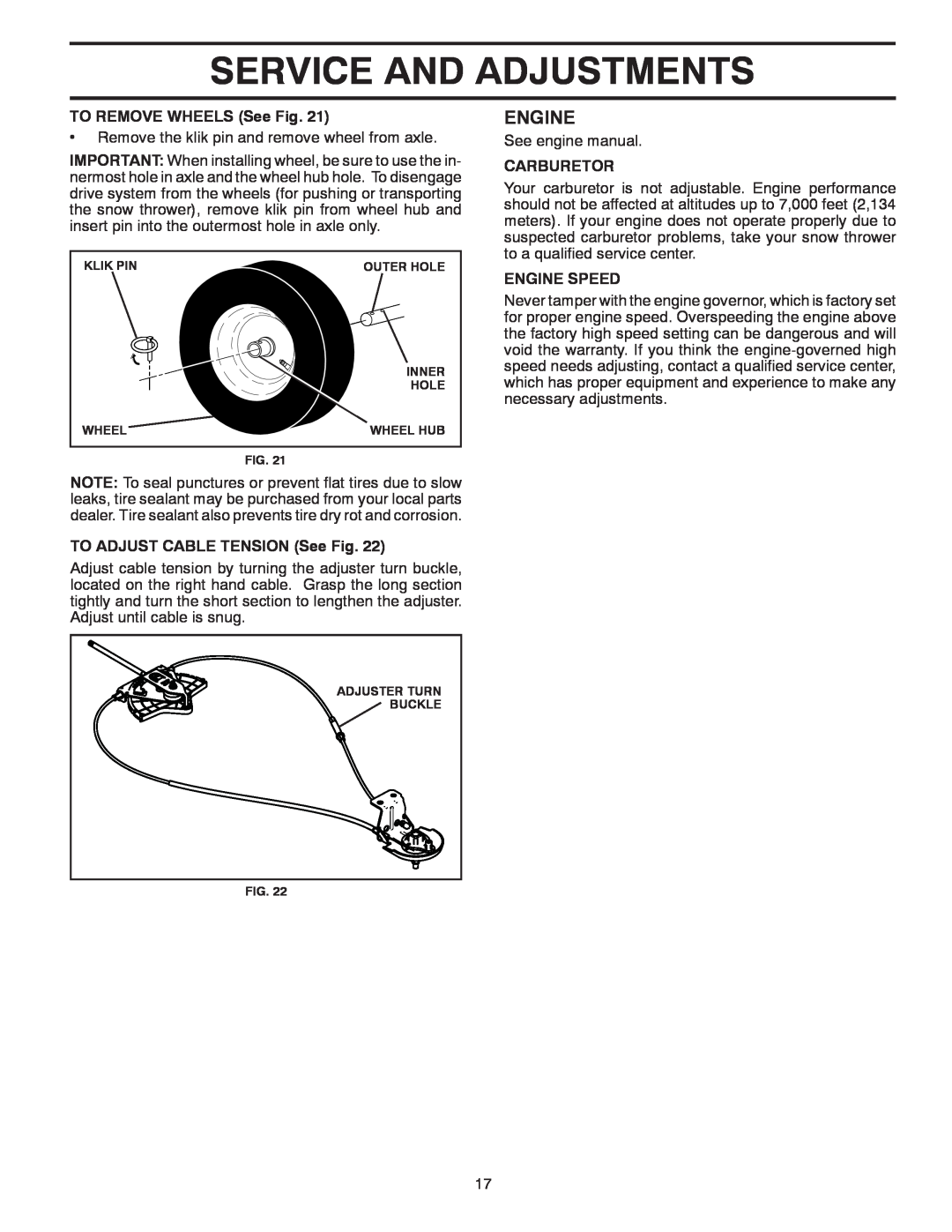 Poulan 96194000801 Service And Adjustments, Engine, TO REMOVE WHEELS See Fig, TO ADJUST CABLE TENSION See Fig, Carburetor 