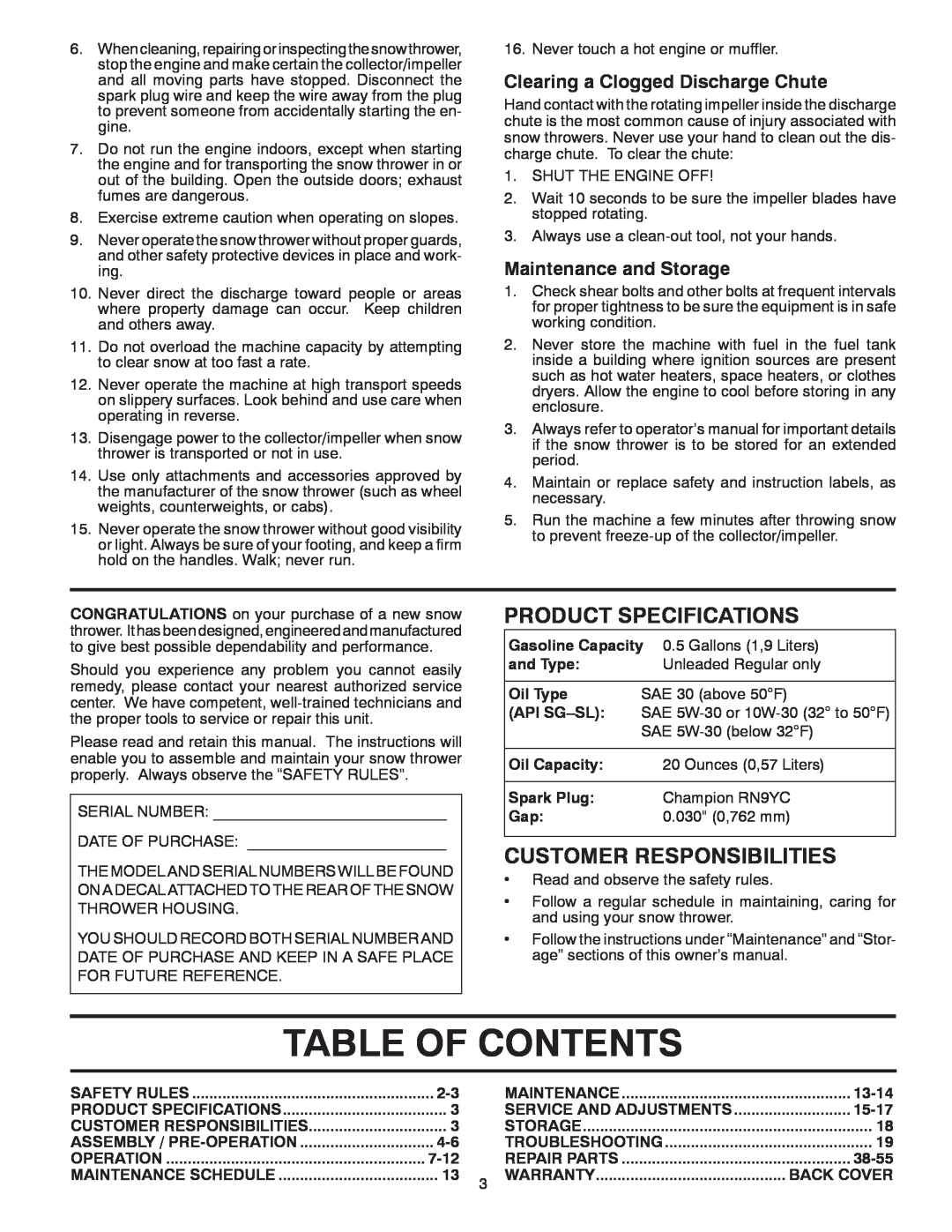 Poulan 428707 Table Of Contents, Product Specifications, Customer Responsibilities, Clearing a Clogged Discharge Chute 