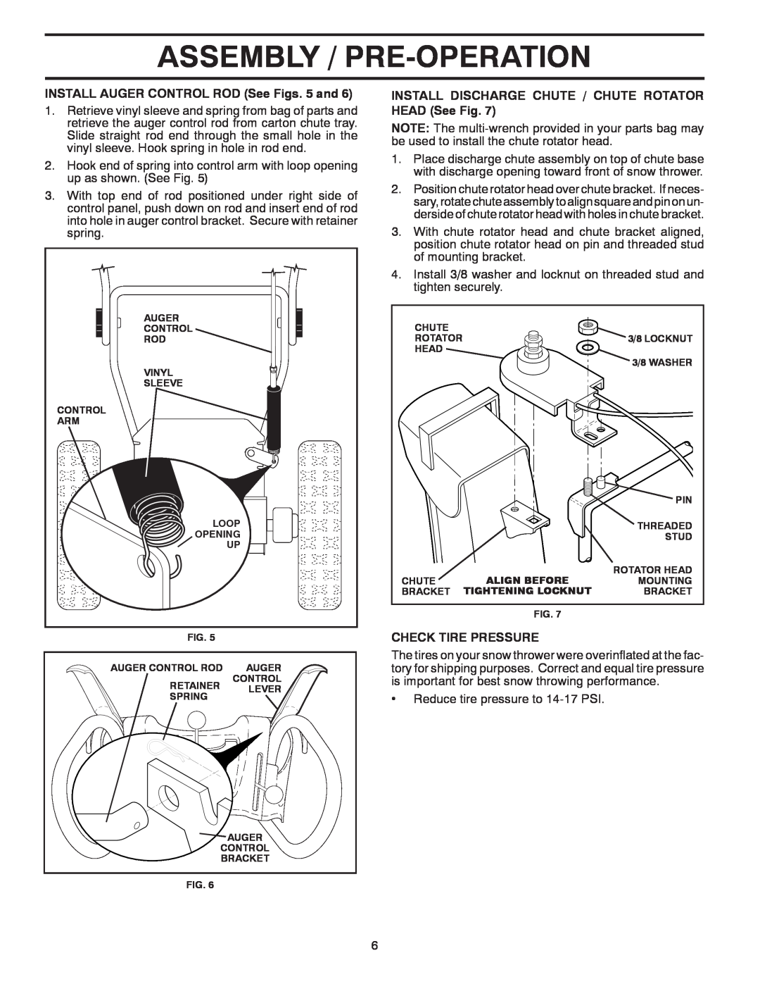 Poulan 428707, 961940008 Assembly / Pre-Operation, INSTALL AUGER CONTROL ROD See Figs. 5 and, Check Tire Pressure 