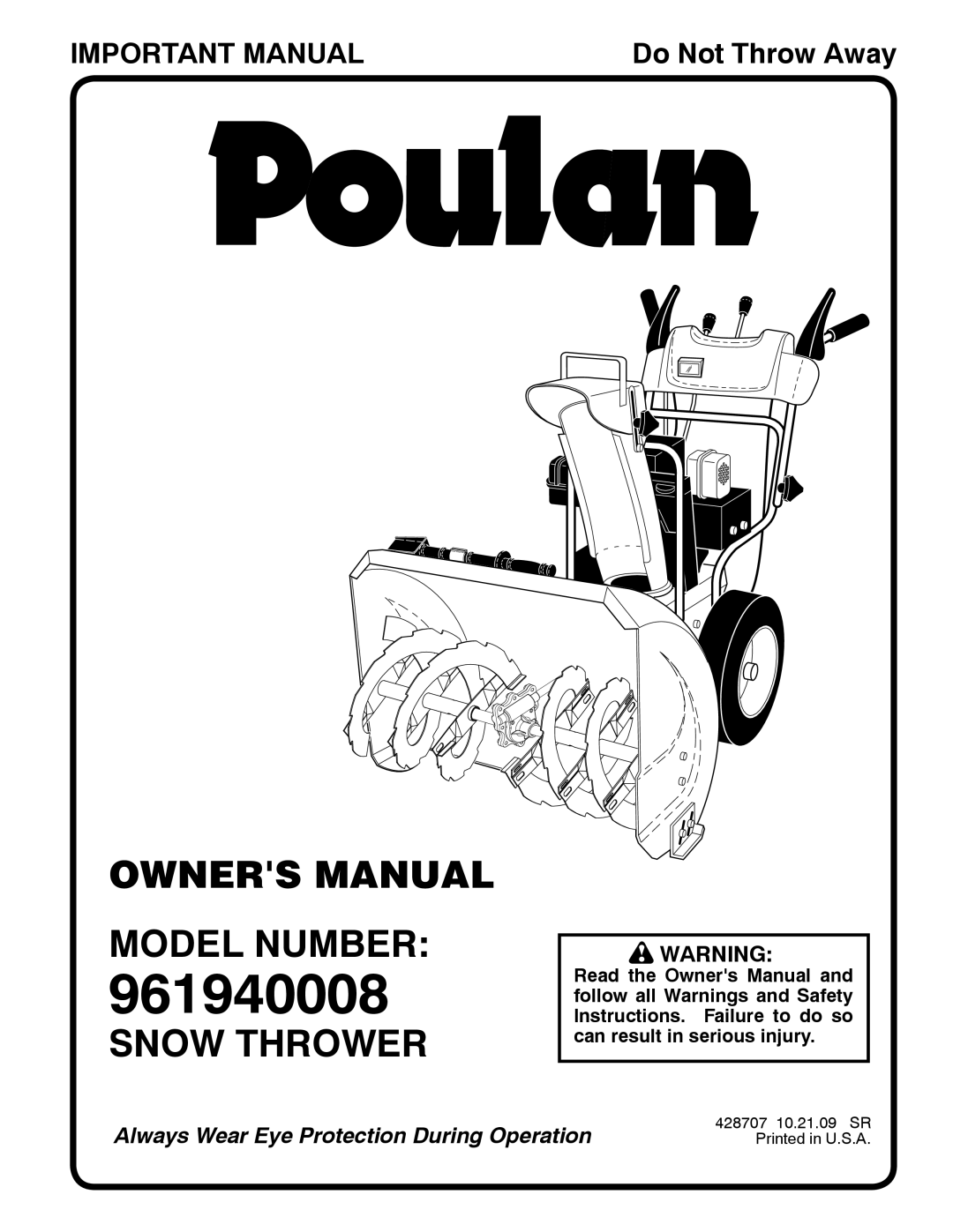 Poulan 428707, 96194000801 owner manual Model Number, Snow Thrower 