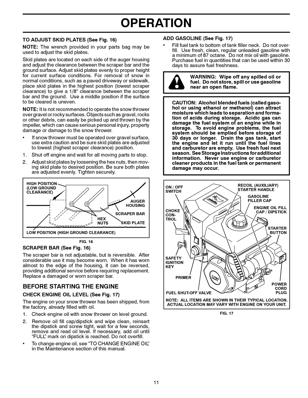 Poulan 96194000801 Before Starting the Engine, To Adjust Skid Plates See Fig, Scraper BAR See Fig, ADD Gasoline See Fig 