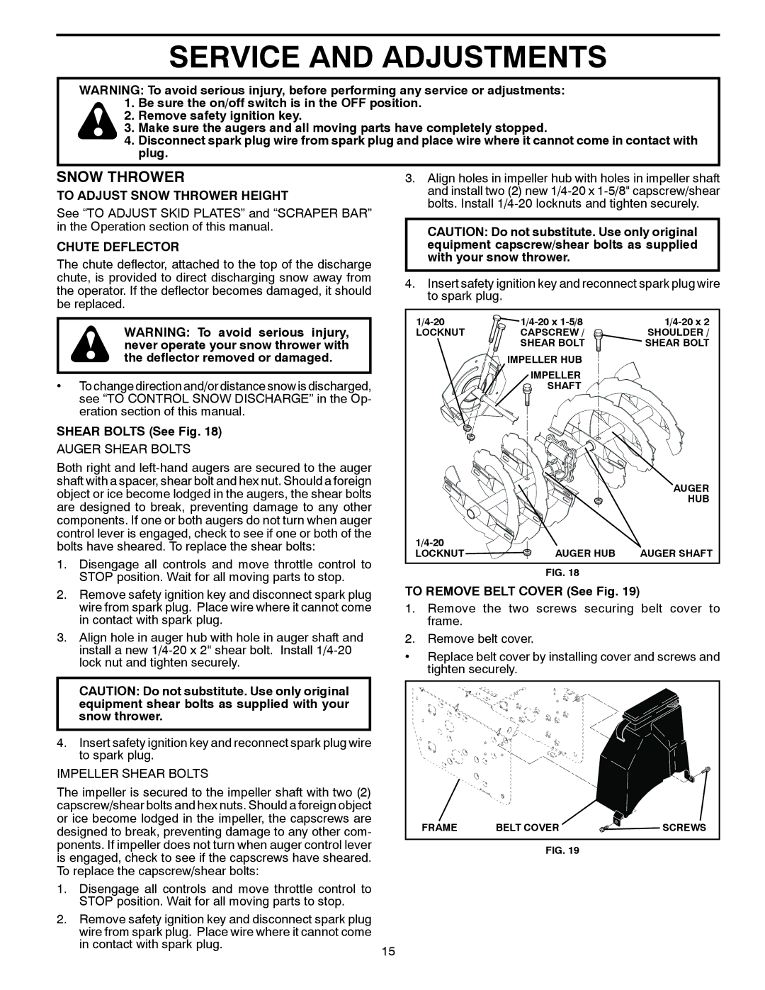 Poulan 428707, 961940008 Service and Adjustments, To Adjust Snow Thrower Height, Chute Deflector, Shear Bolts See Fig 