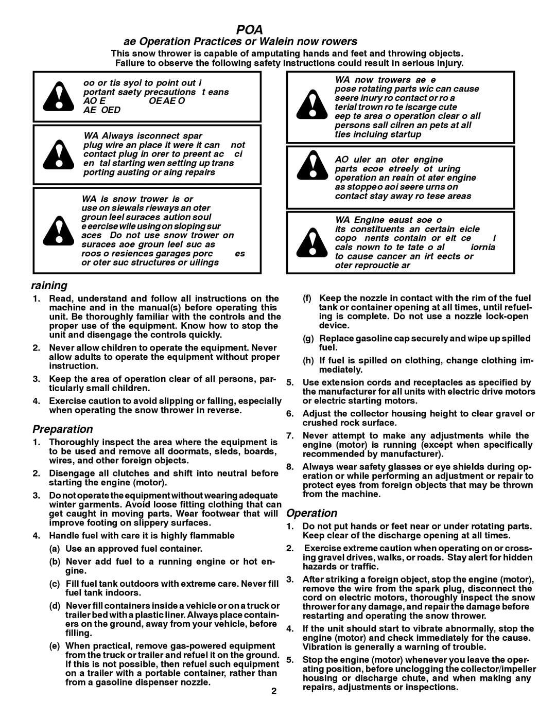 Poulan 96194000801, 428707 owner manual Safe Operation Practices for Walk-Behind Snow Throwers 