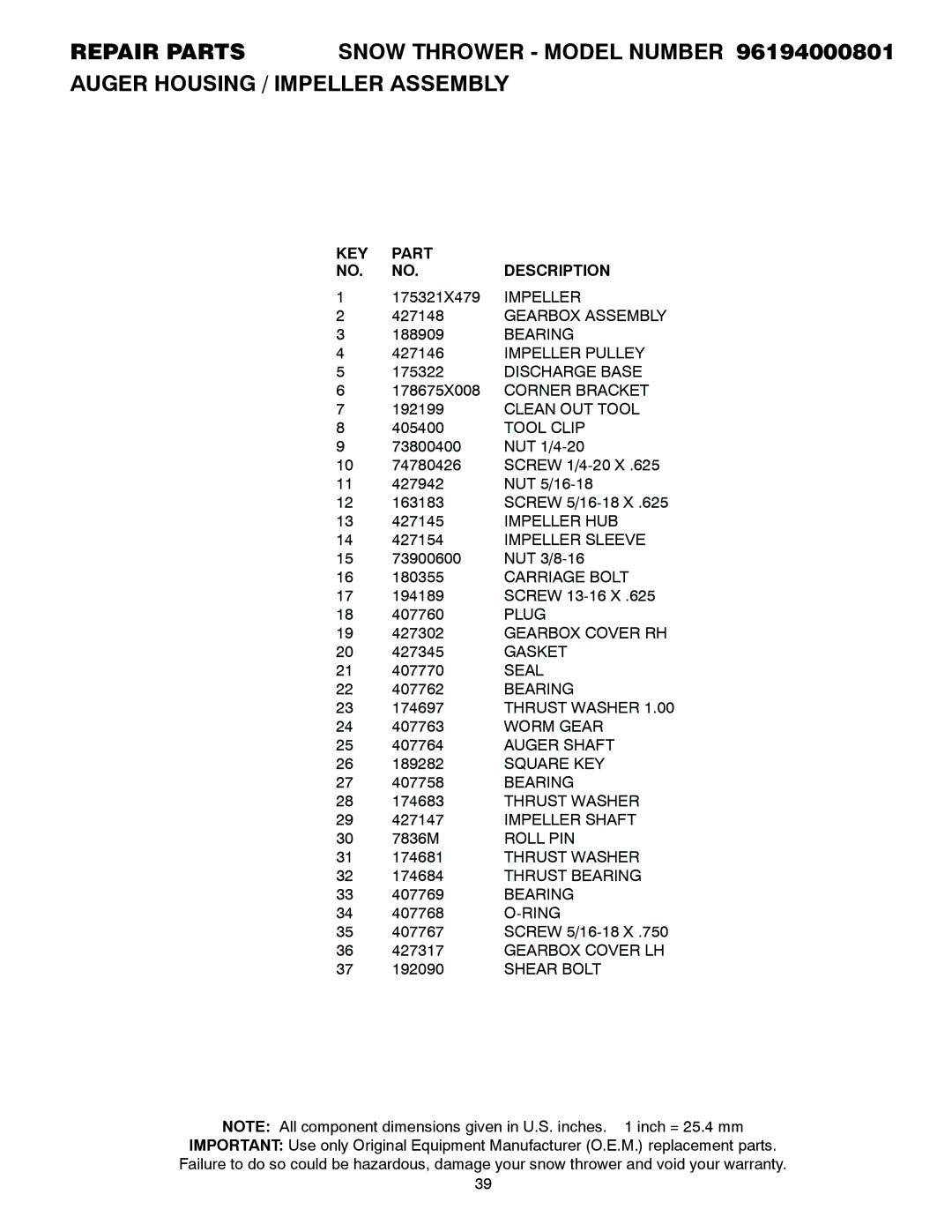 Poulan 428707, 96194000801 owner manual KEY Part Description 