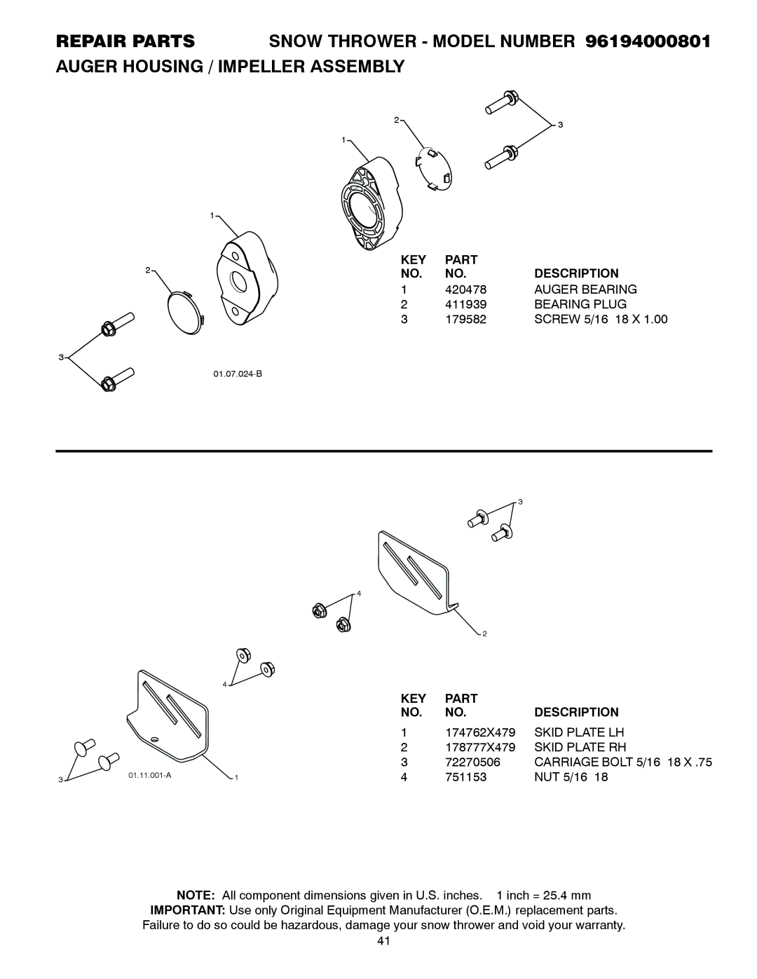 Poulan 96194000801, 428707 owner manual Auger Bearing, Bearing Plug 