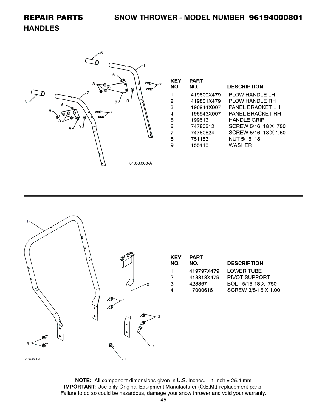 Poulan 428707, 961940008 196944X007 Panel Bracket LH 196943X007 Panel Bracket RH, Handle Grip, Lower Tube, Pivot Support 