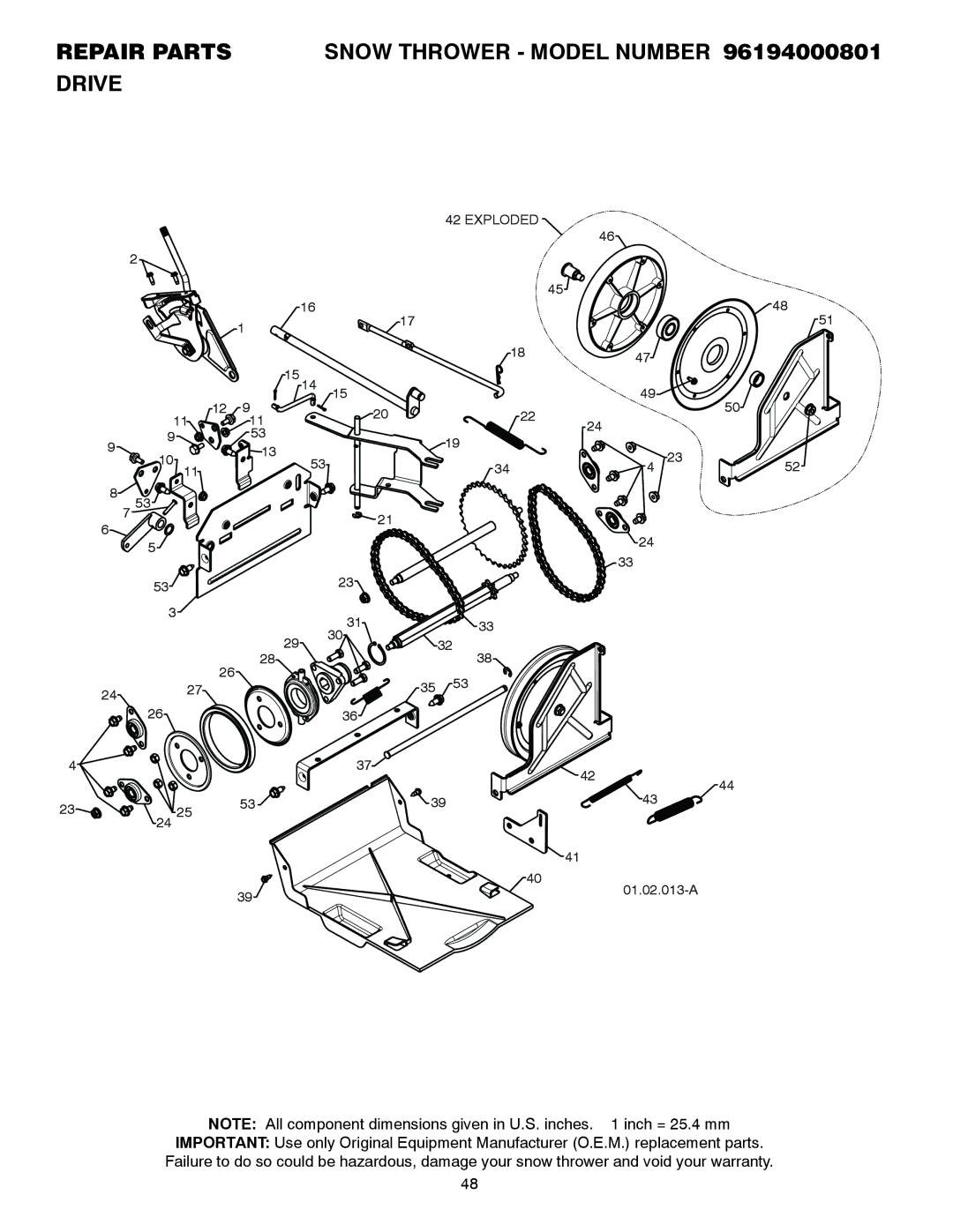 Poulan 428707 owner manual Repair Parts Snow Thrower Model Number 96194000801 Drive 