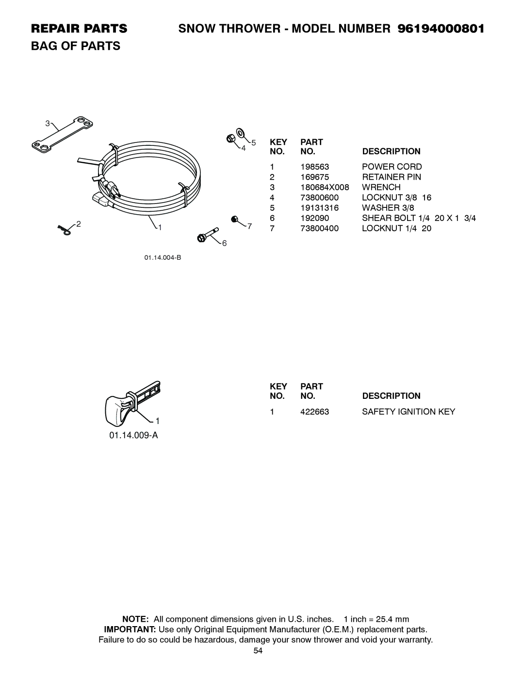 Poulan 428707, 96194000801 owner manual Power Cord, Retainer PIN, Wrench, 422663, Safety Ignition KEY 