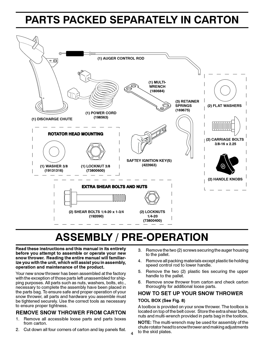 Poulan 961940008, 428707 Parts Packed Separately in Carton, Assembly / PRE-OPERATION, Remove Snow Thrower from Carton 