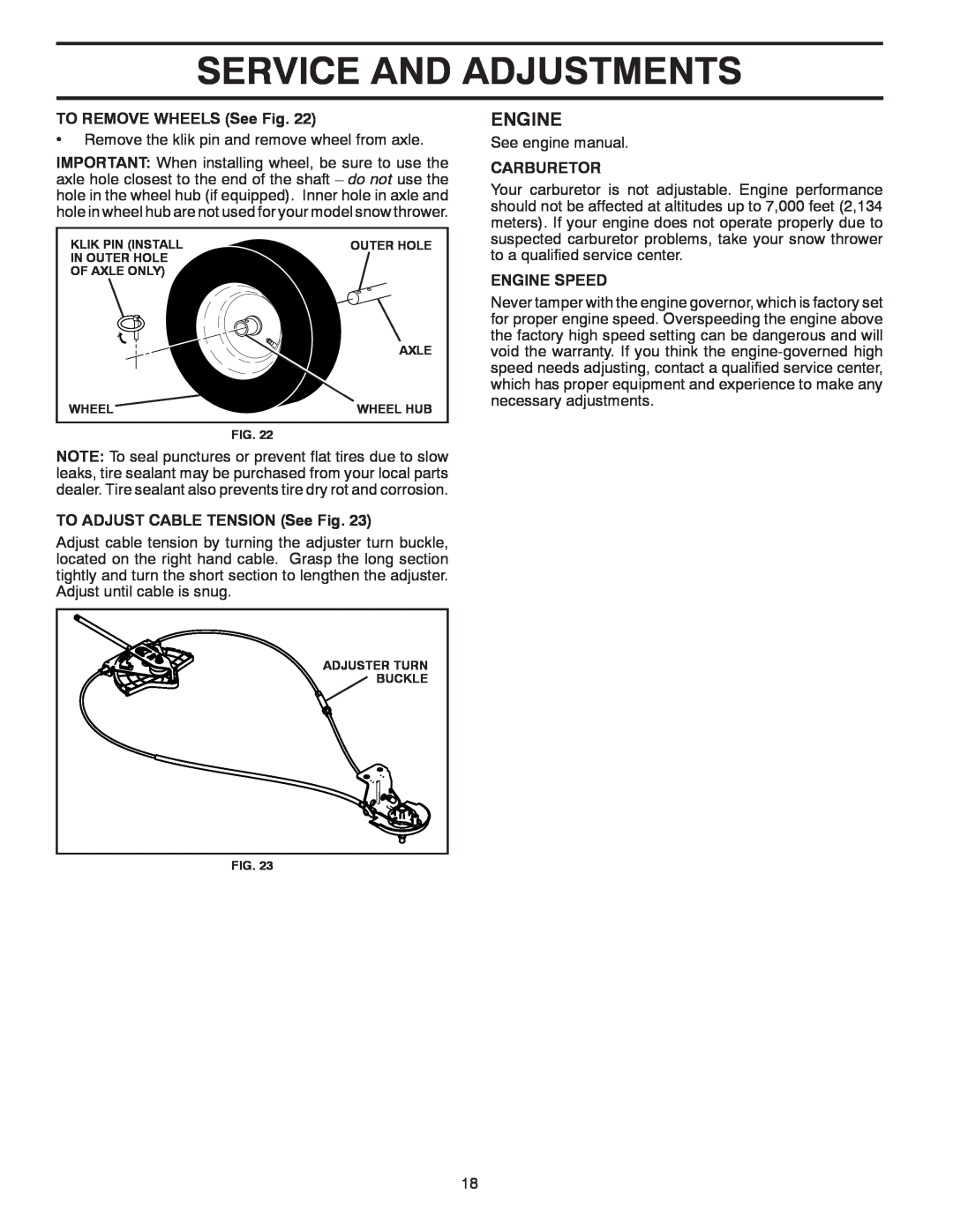 Poulan 428861 Service And Adjustments, Engine, TO REMOVE WHEELS See Fig, TO ADJUST CABLE TENSION See Fig, Carburetor 