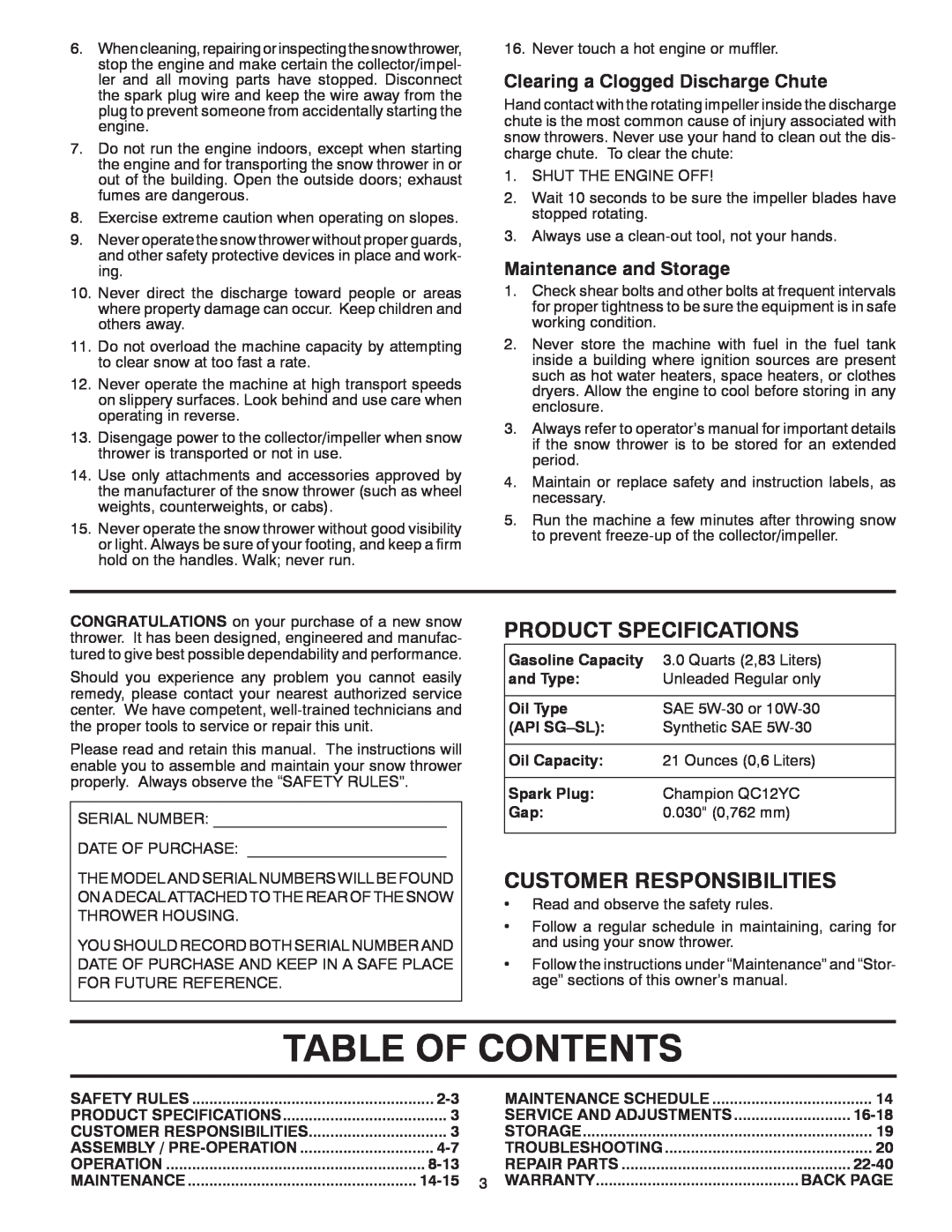 Poulan 428861 Table Of Contents, Product Specifications, Customer Responsibilities, Clearing a Clogged Discharge Chute 