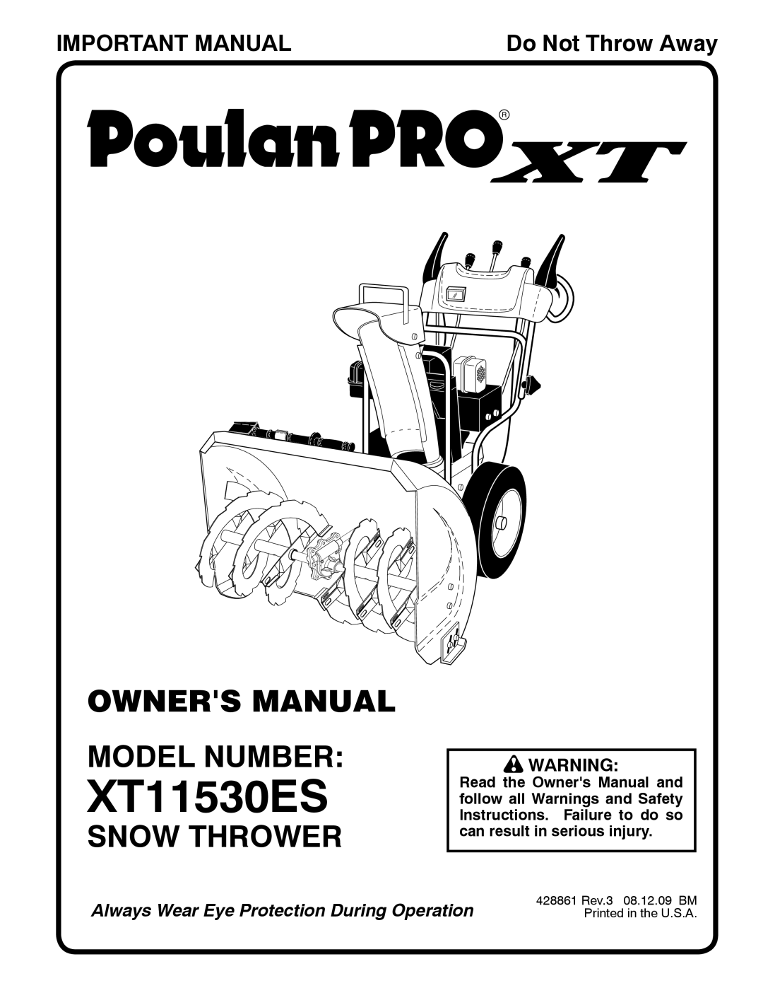 Poulan 96192003500, 428861, XT11530ES owner manual Model Number, Snow Thrower 