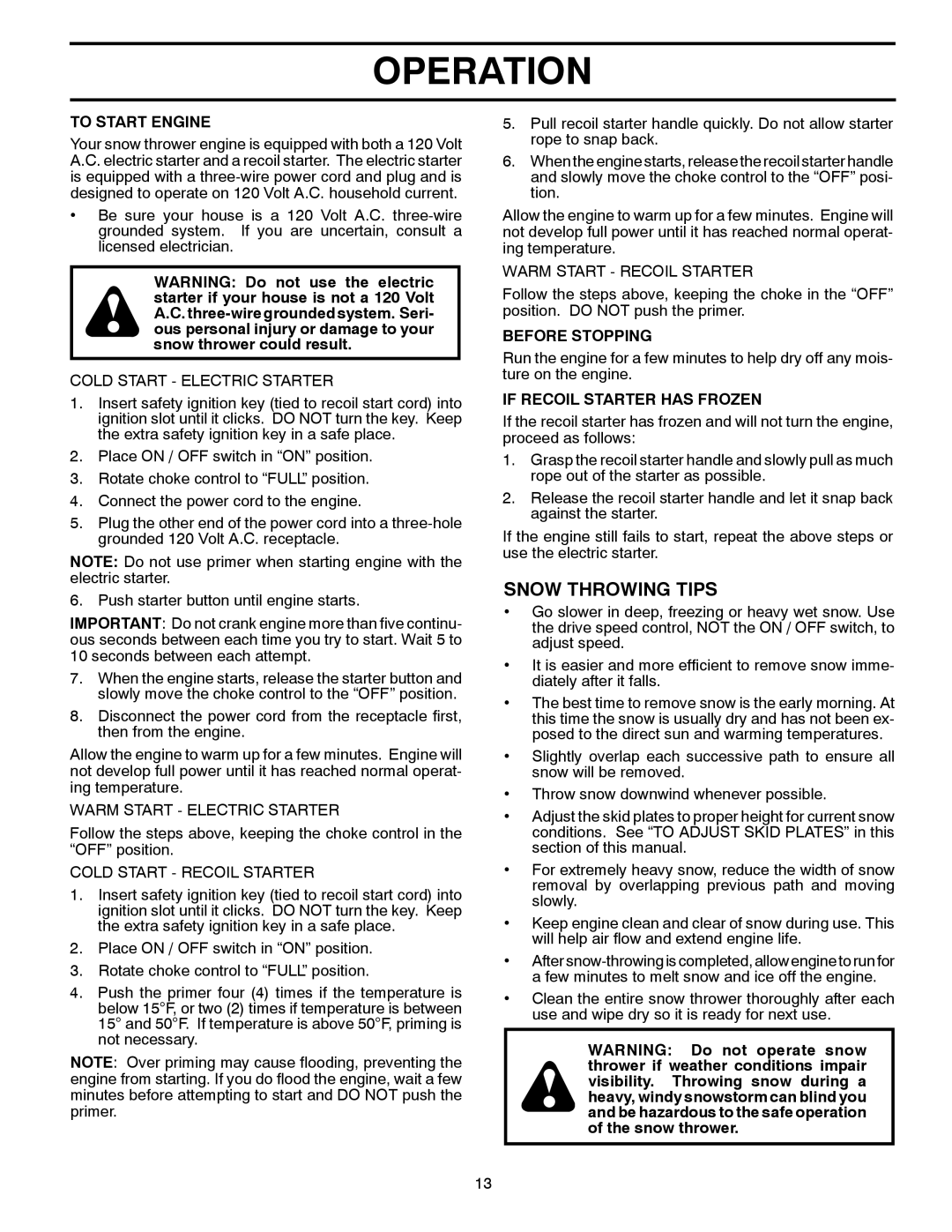 Poulan 96192003500, 428861, XT11530ES Snow Throwing Tips, To Start Engine, Before Stopping, If Recoil Starter has Frozen 